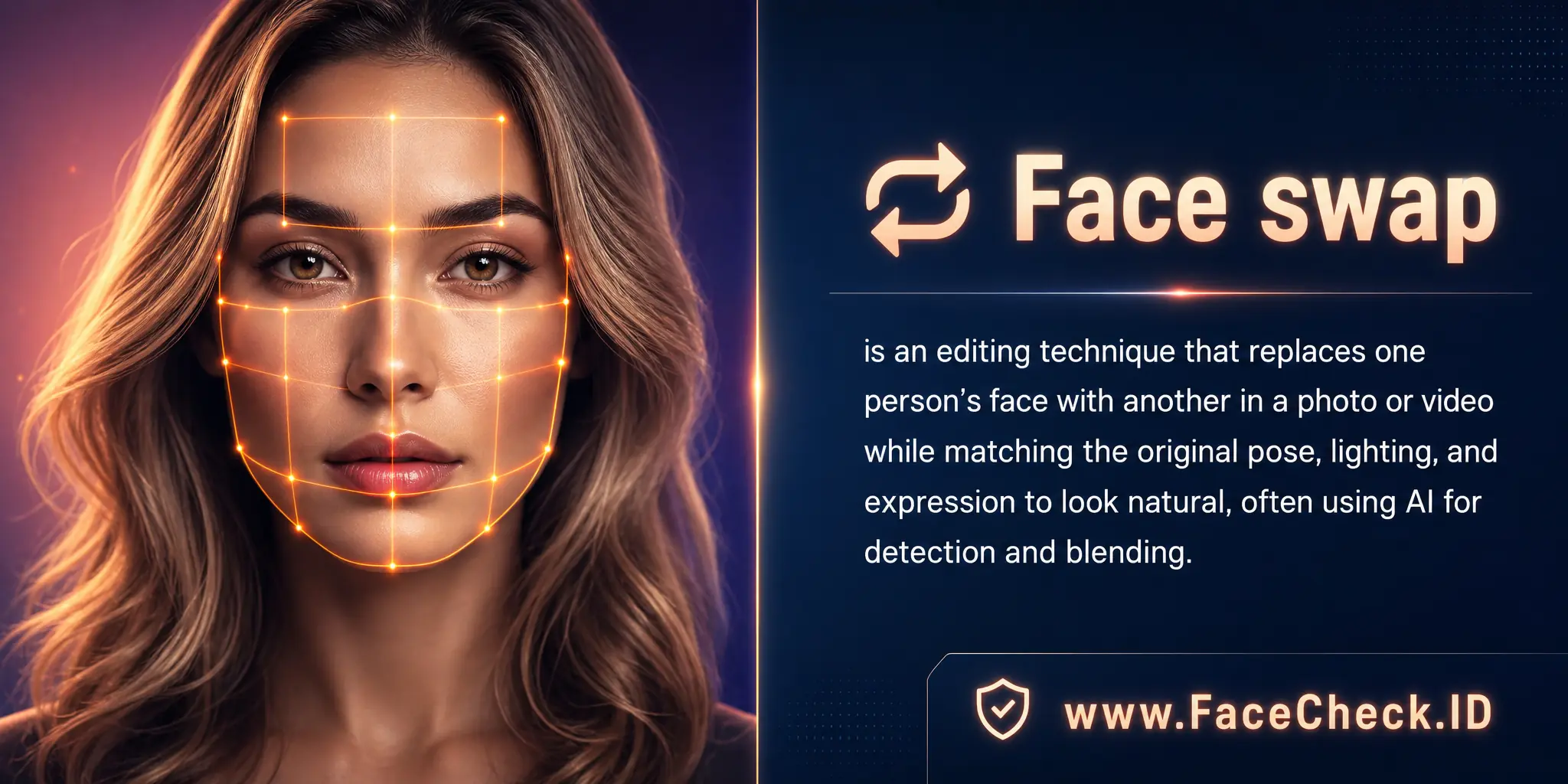Face swap is an editing technique that replaces one person’s face with another in a photo or video while matching the original pose, lighting, and expression to look natural, often using AI for detection and blending.