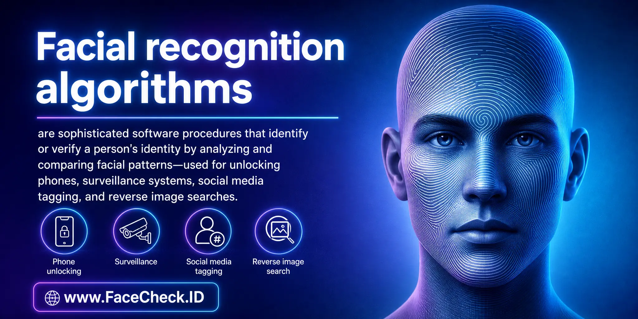 Facial recognition algorithms are sophisticated software procedures that identify or verify a person's identity by analyzing and comparing their facial patterns, used in applications like unlocking phones, surveillance systems, social media tagging, and reverse image searches.