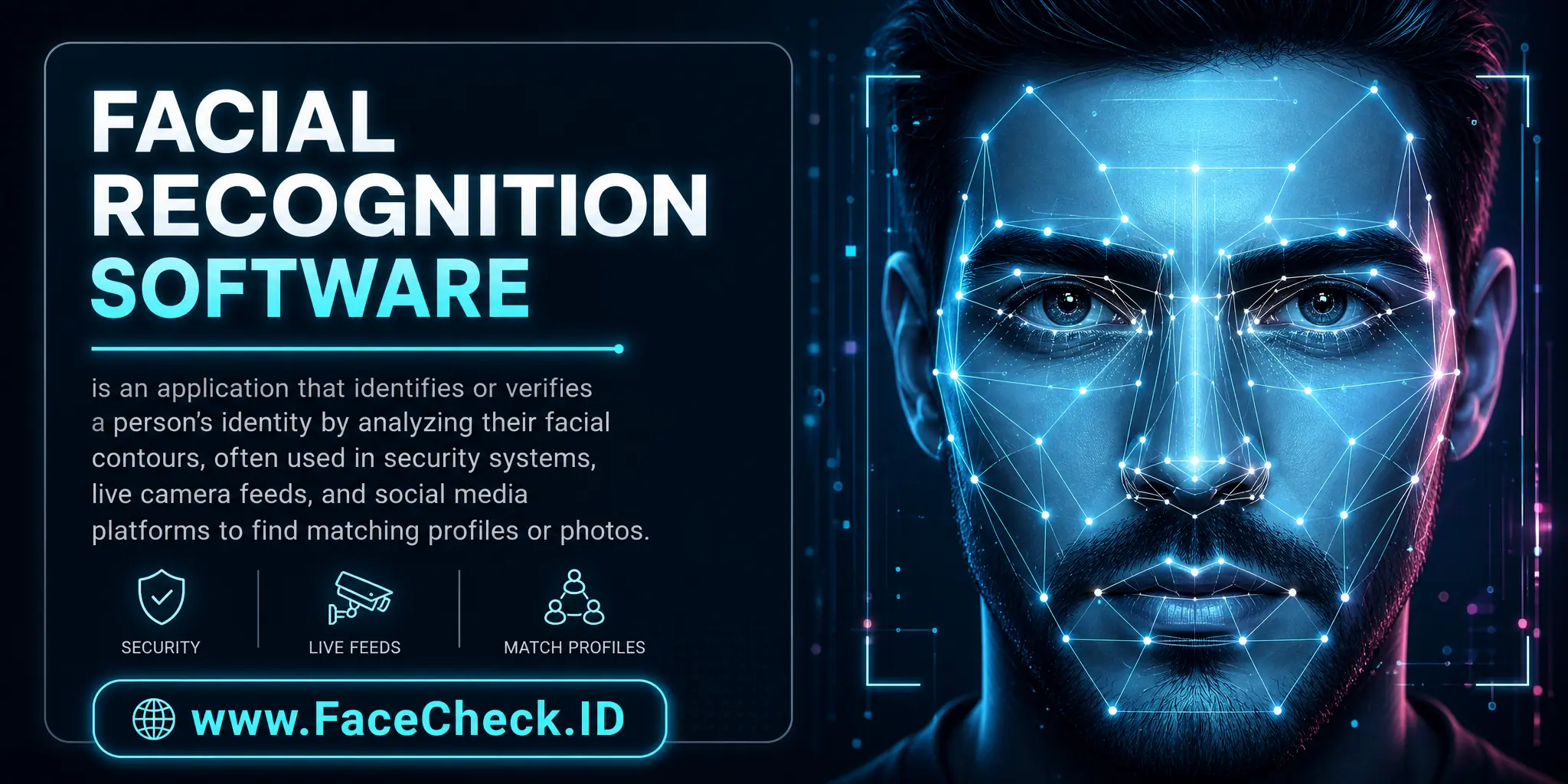 Facial Recognition Software is an application that identifies or verifies a person's identity by analyzing their facial contours, often used in security systems, live camera feeds, and social media platforms to find matching profiles or photos.