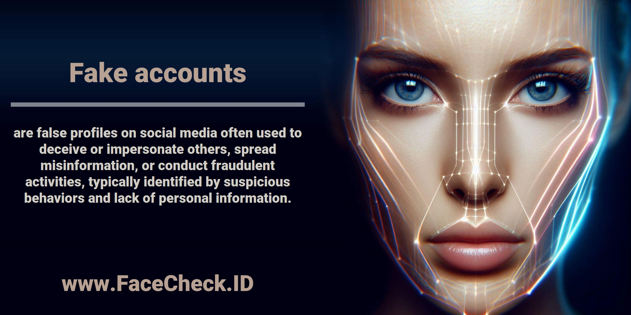 <b>Fake accounts</b> are false profiles on social media often used to deceive or impersonate others, spread misinformation, or conduct fraudulent activities, typically identified by suspicious behaviors and lack of personal information.