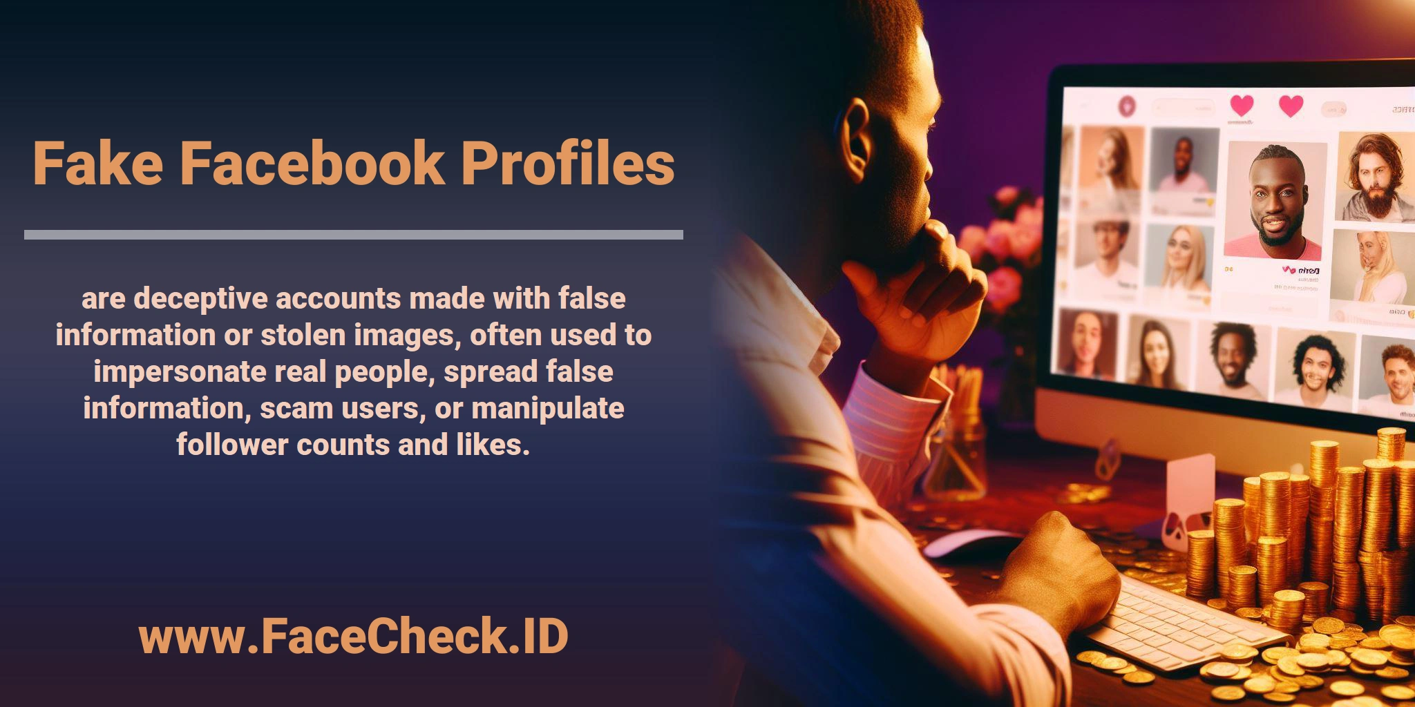 <b>Fake Facebook Profiles</b> are deceptive accounts made with false information or stolen images, often used to impersonate real people, spread false information, scam users, or manipulate follower counts and likes.