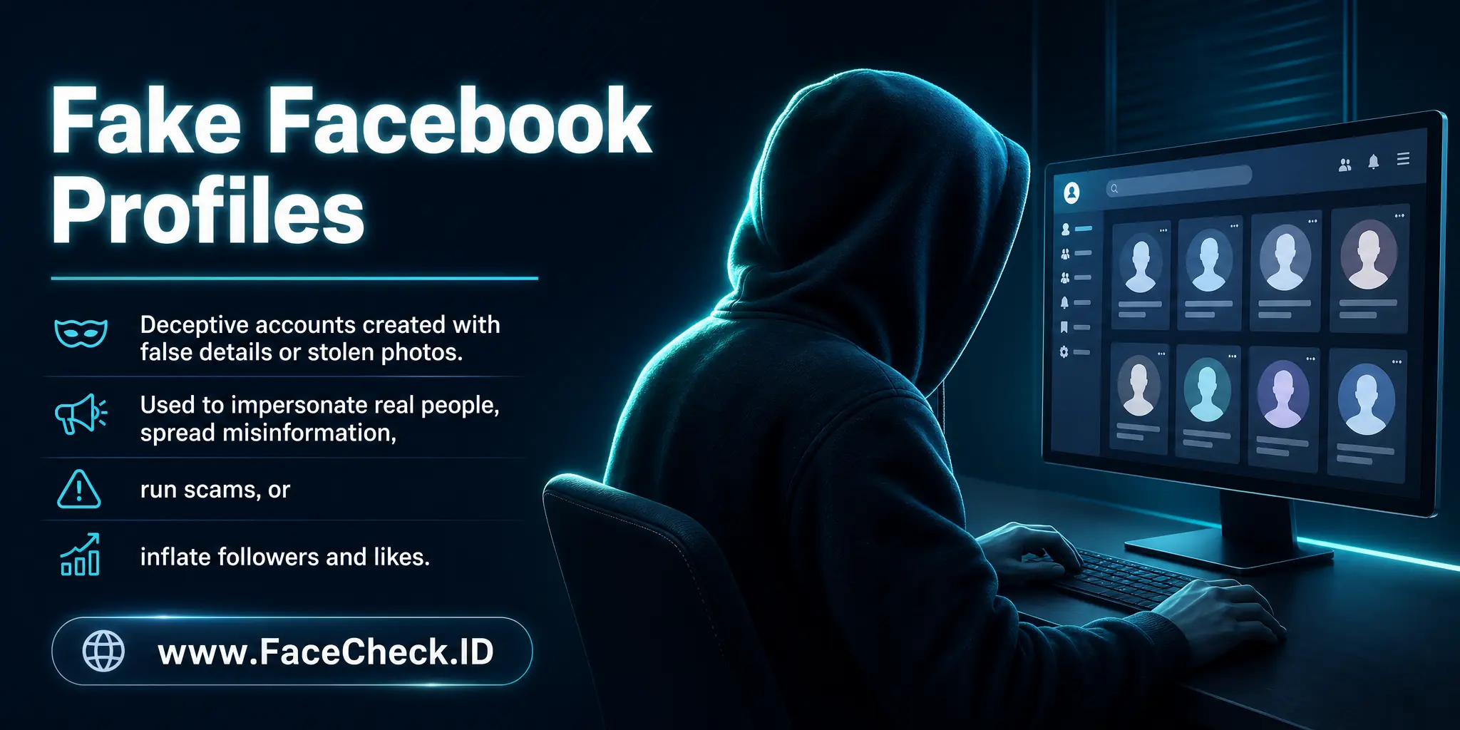 Fake Facebook Profiles are deceptive accounts made with false information or stolen images, often used to impersonate real people, spread false information, scam users, or manipulate follower counts and likes.