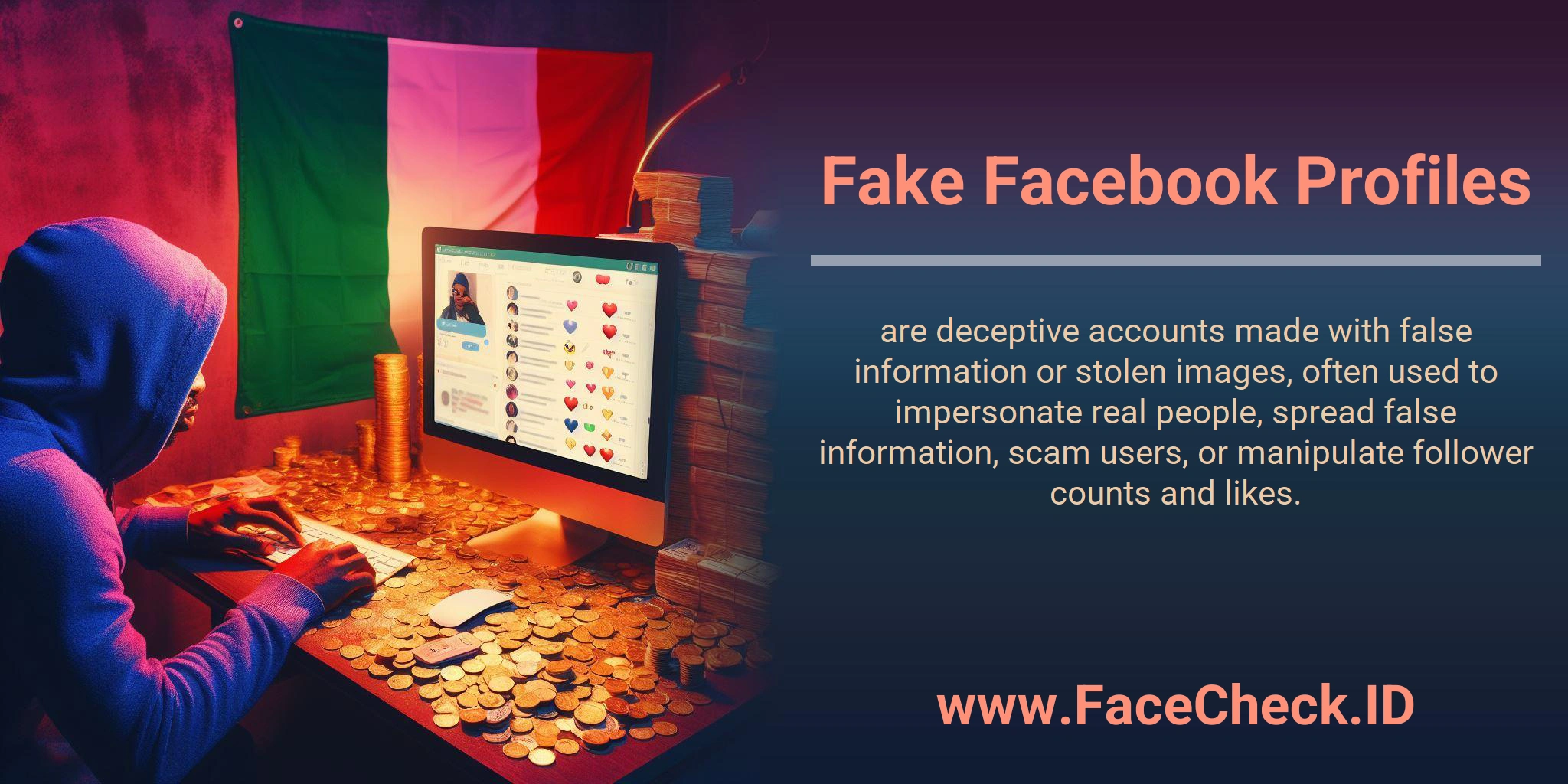 Fake Facebook Profiles are deceptive accounts made with false information or stolen images, often used to impersonate real people, spread false information, scam users, or manipulate follower counts and likes.