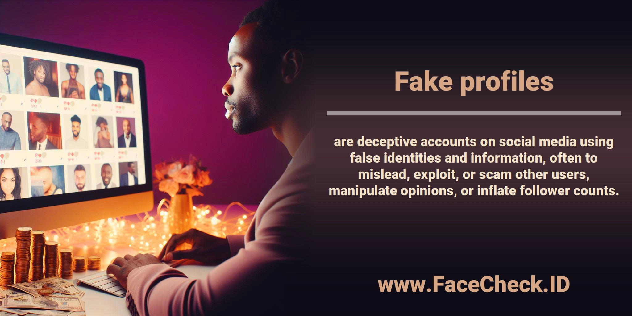 <b>Fake profiles</b> are deceptive accounts on social media using false identities and information, often to mislead, exploit, or scam other users, manipulate opinions, or inflate follower counts.