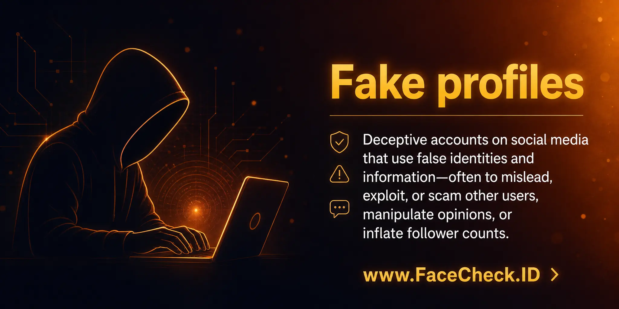 Fake profiles are deceptive accounts on social media using false identities and information, often to mislead, exploit, or scam other users, manipulate opinions, or inflate follower counts.
