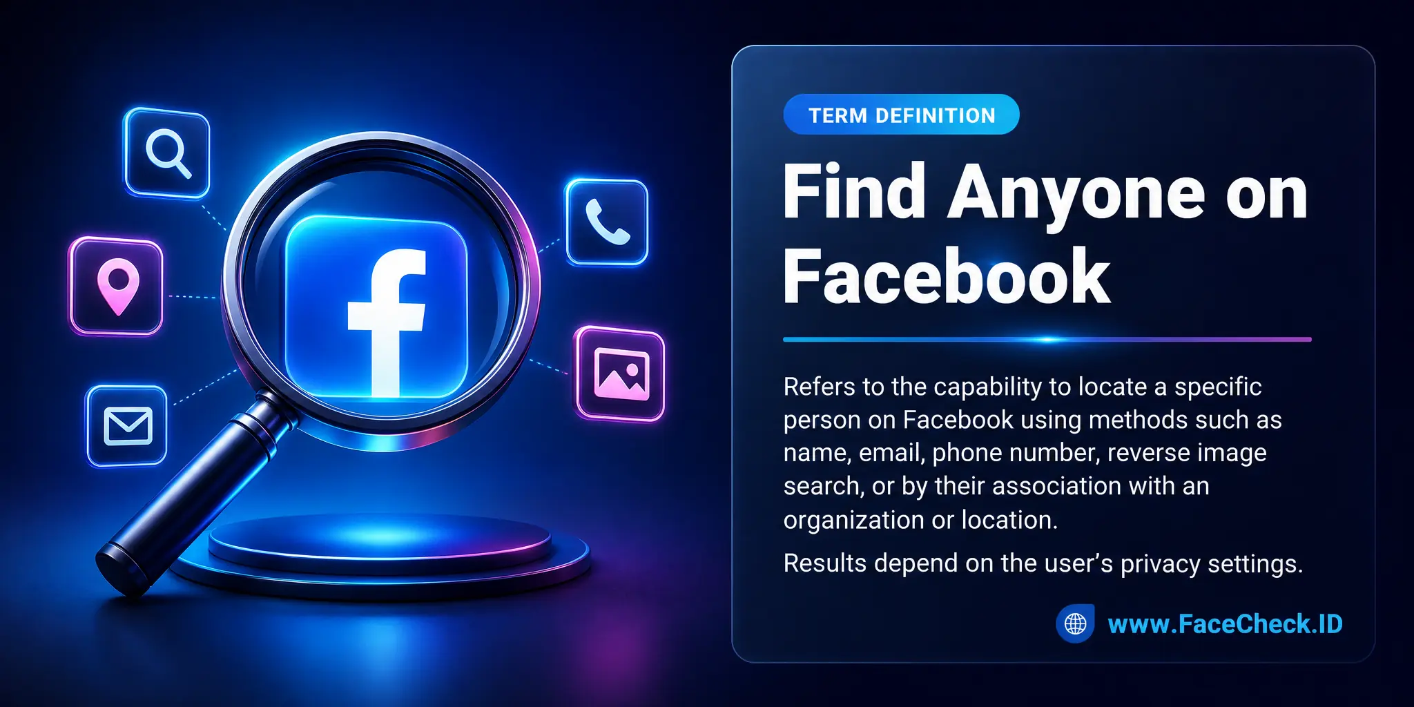 Find Anyone on Facebook refers to the capability to locate a specific person on Facebook using different methods such as name, email, phone number, reverse image search, or through their association with an organization or location, with results depending on the user's privacy settings.