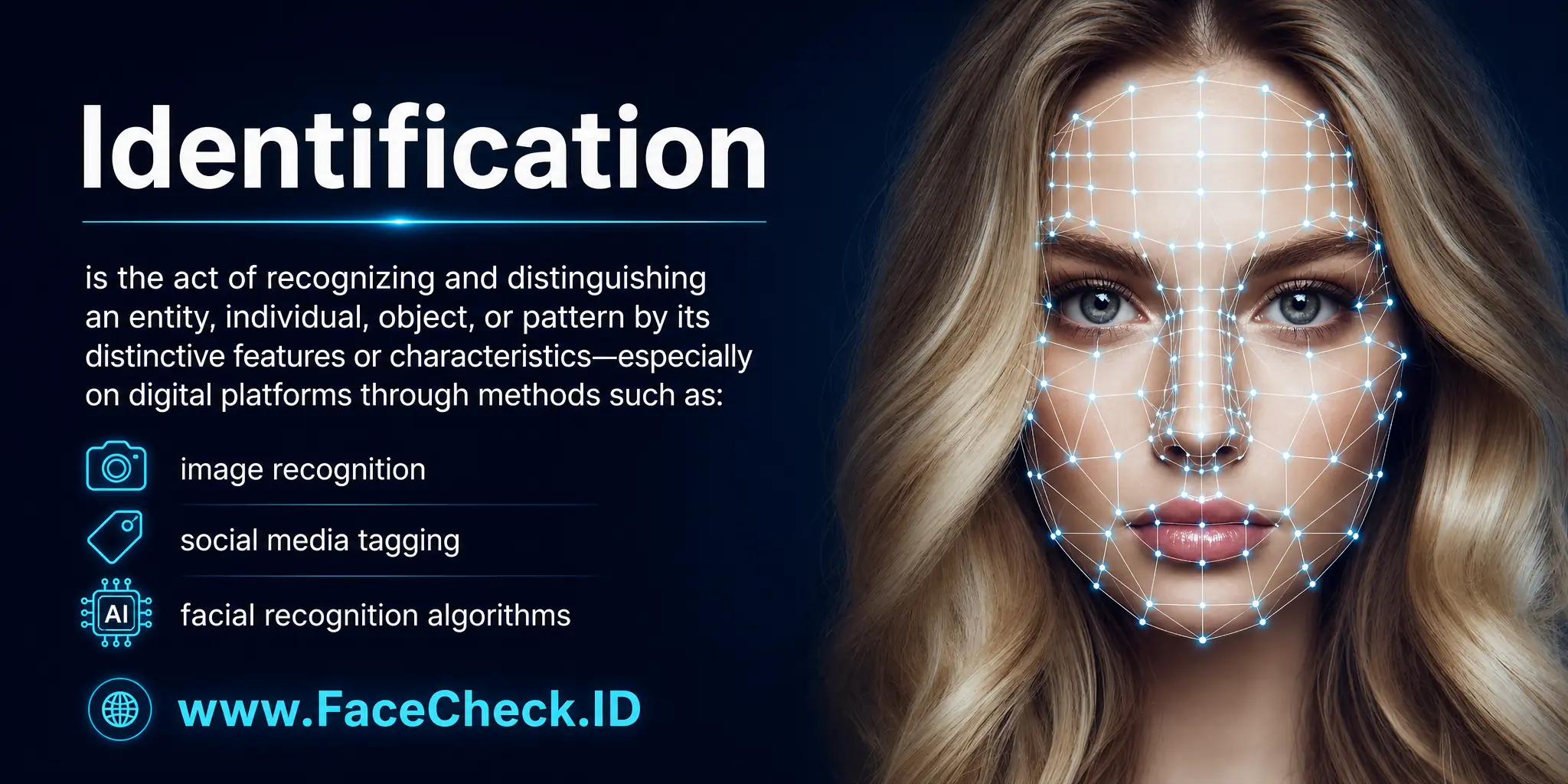 Identification is the act of recognizing and differentiating an entity, individual, object, or pattern based on distinctive features or characteristics, especially in digital platforms through methods like image recognition, social media tagging, or facial recognition algorithms.