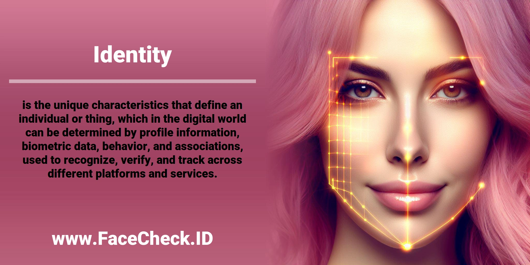 <b>Identity</b> is the unique characteristics that define an individual or thing, which in the digital world can be determined by profile information, biometric data, behavior, and associations, used to recognize, verify, and track across different platforms and services.