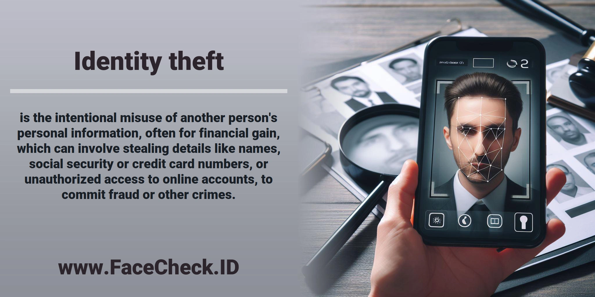 <b>Identity theft</b> is the intentional misuse of another person's personal information, often for financial gain, which can involve stealing details like names, social security or credit card numbers, or unauthorized access to online accounts, to commit fraud or other crimes.