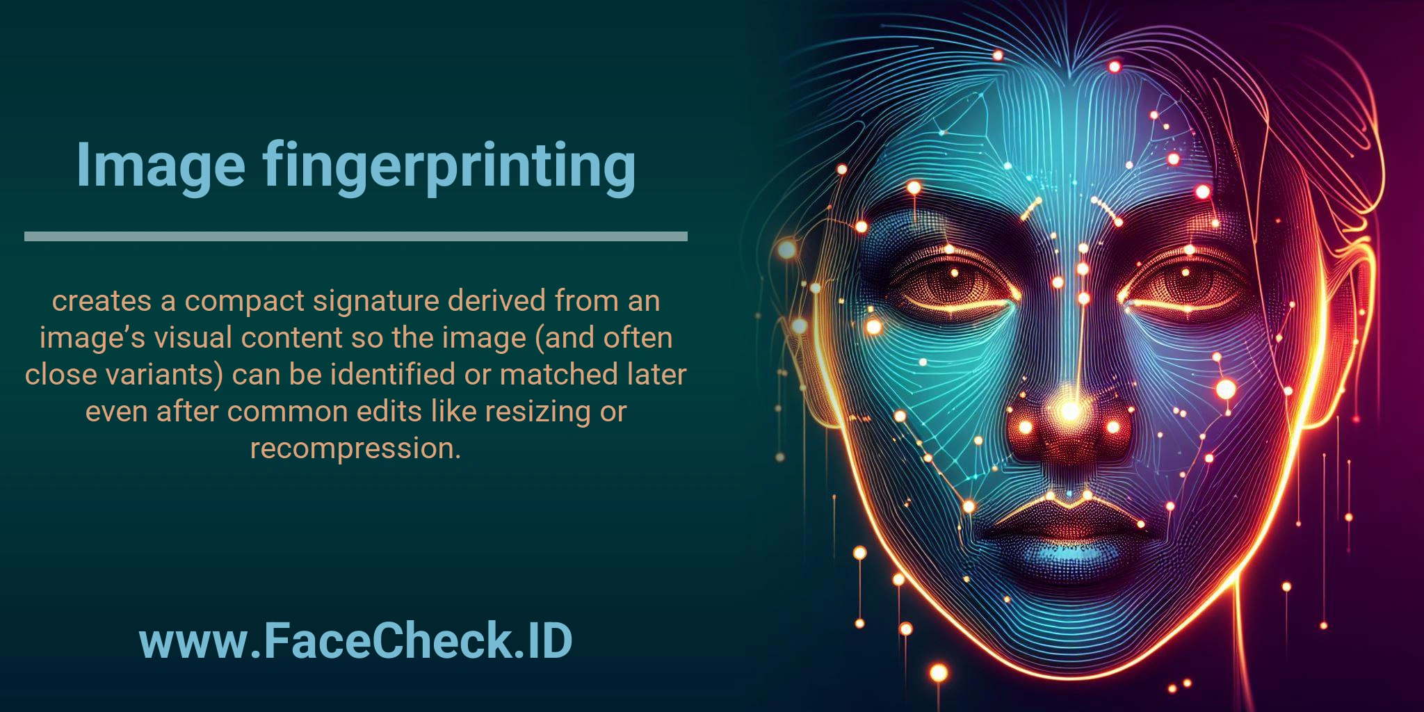 Image fingerprinting creates a compact signature derived from an image’s visual content so the image (and often close variants) can be identified or matched later even after common edits like resizing or recompression.