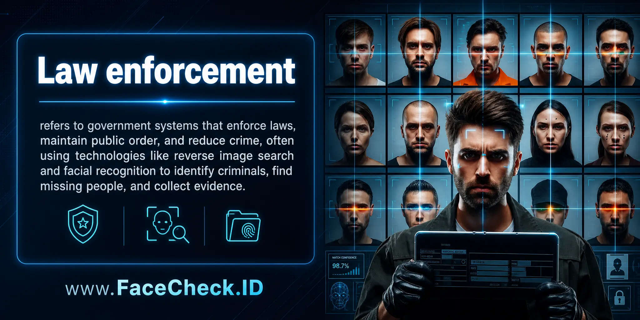 Law enforcement refers to government systems that enforce laws, maintain public order, and reduce crime, often using technologies like reverse image search and facial recognition to identify criminals, find missing people, and collect evidence.