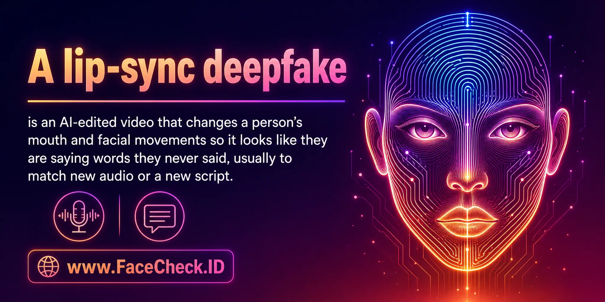 A lip-sync deepfake is an AI-edited video that changes a person’s mouth and facial movements so it looks like they are saying words they never said, usually to match new audio or a new script.