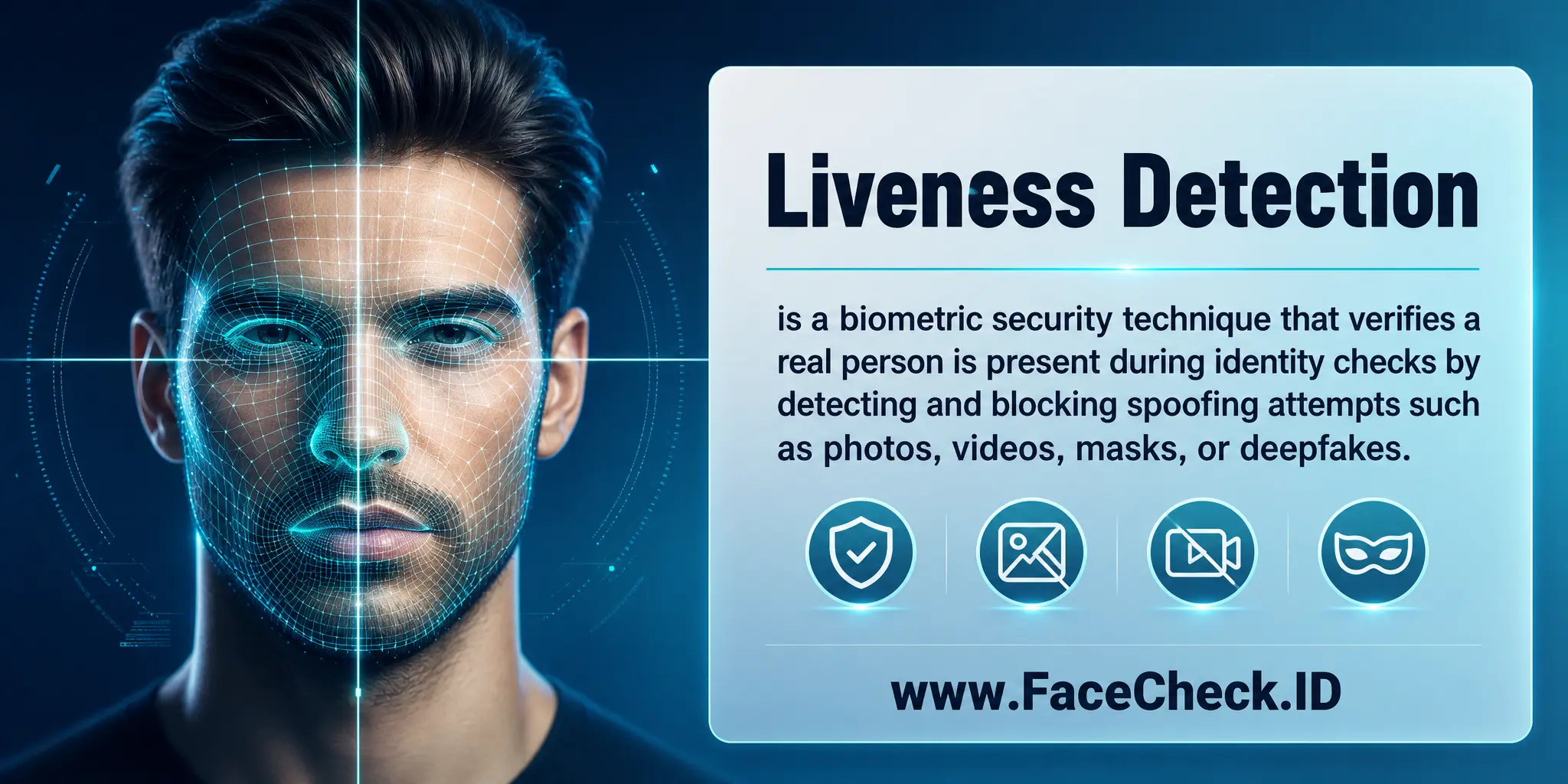Liveness detection is a biometric security technique that verifies a real person is present during identity checks by detecting and blocking spoofing attempts such as photos, videos, masks, or deepfakes.