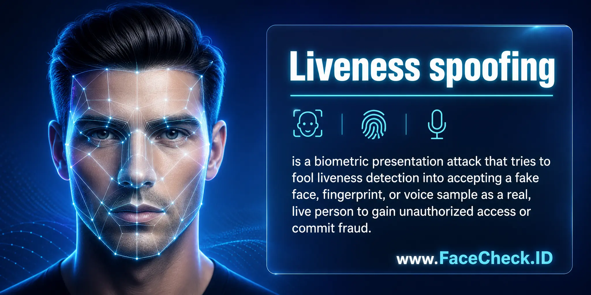 Liveness spoofing is a biometric presentation attack that tries to fool liveness detection into accepting a fake face, fingerprint, or voice sample as a real live person to gain unauthorized access or commit fraud.