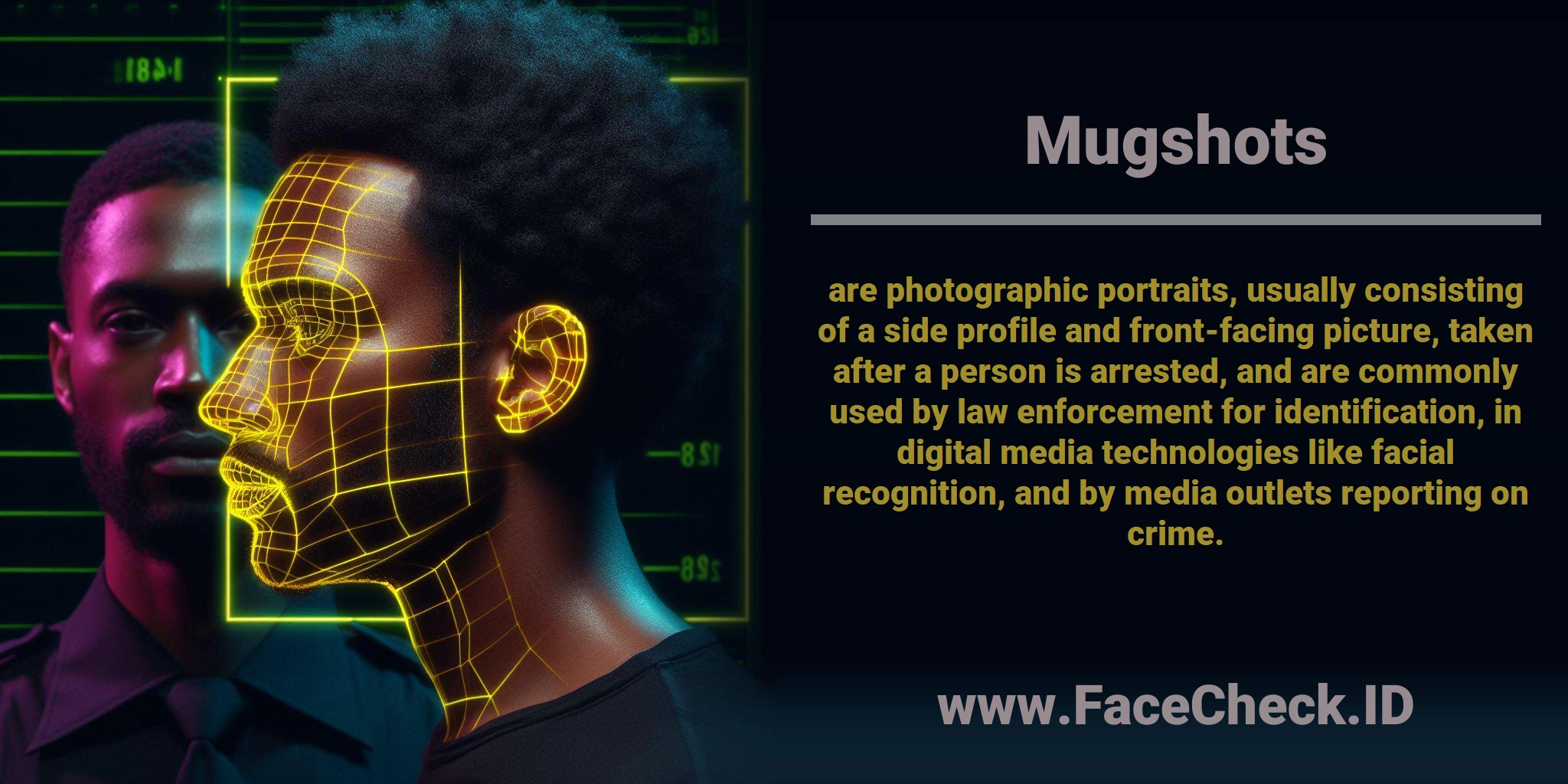 <b>Mugshots</b> are photographic portraits, usually consisting of a side profile and front-facing picture, taken after a person is arrested, and are commonly used by law enforcement for identification, in digital media technologies like facial recognition, and by media outlets reporting on crime.