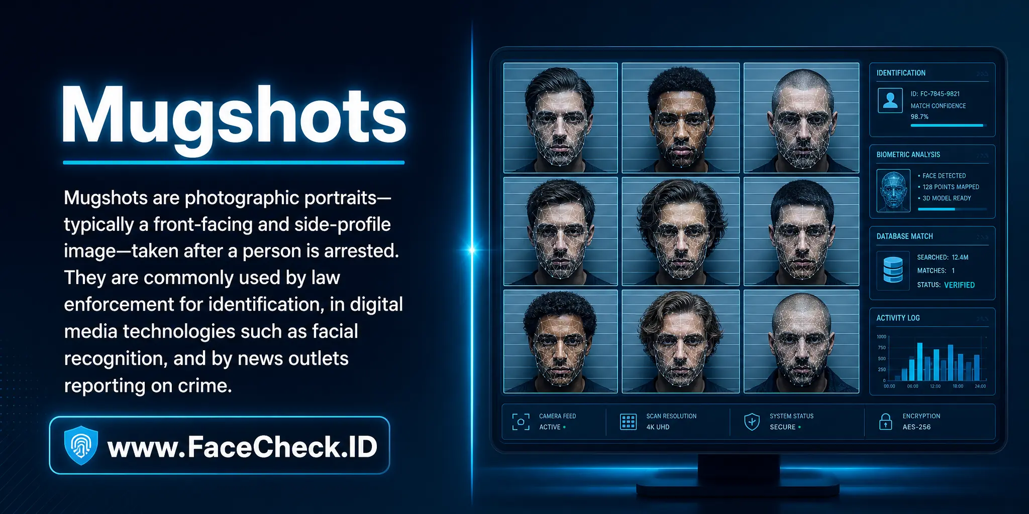 Mugshots are photographic portraits, usually consisting of a side profile and front-facing picture, taken after a person is arrested, and are commonly used by law enforcement for identification, in digital media technologies like facial recognition, and by media outlets reporting on crime.