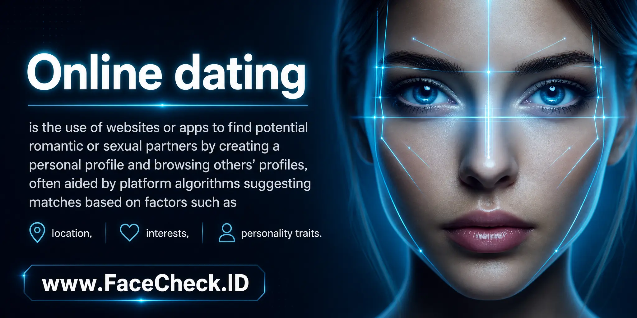 Online dating is the use of websites or apps to find potential romantic or sexual partners by creating a personal profile and browsing through others' profiles, often aided by platform algorithms suggesting matches based on factors such as location, interests, or personality traits.