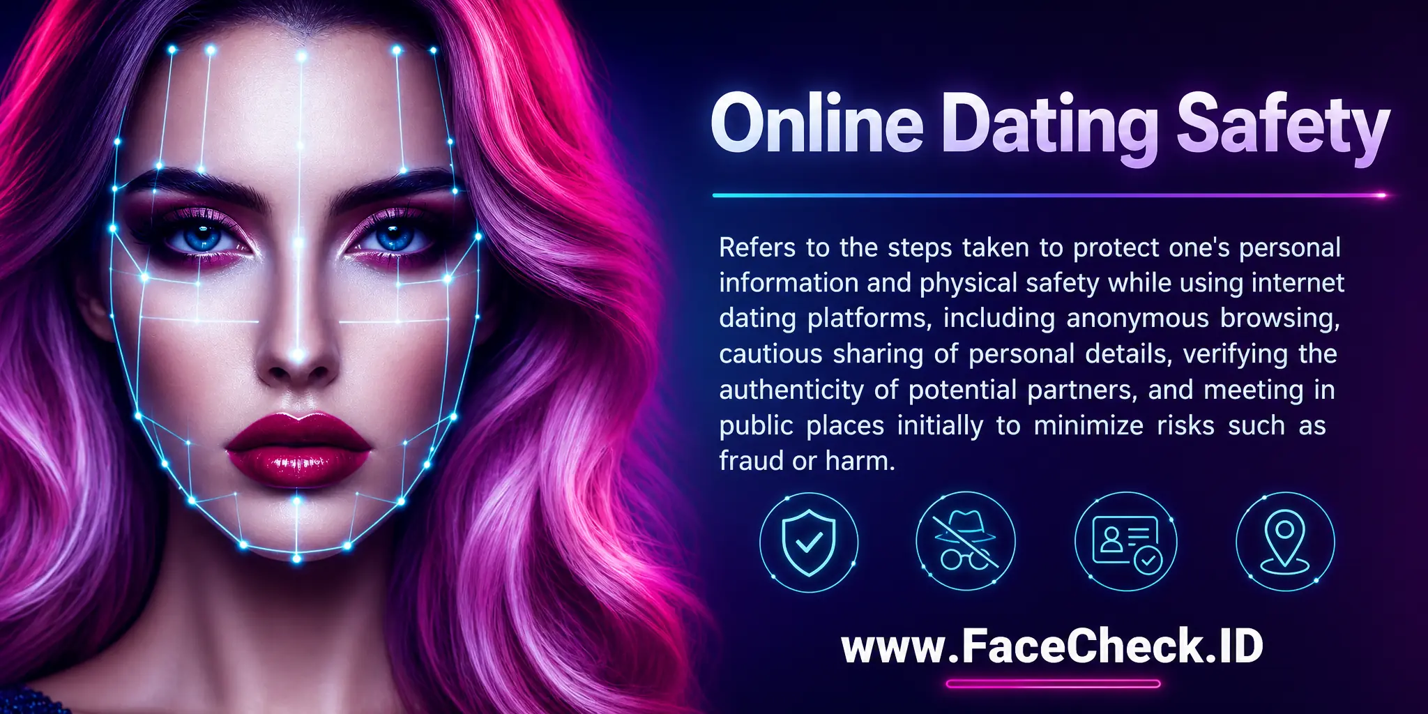 Online Dating Safety refers to the steps taken to protect one's personal information and physical safety while using internet dating platforms, including anonymous browsing, cautious sharing of personal details, verifying the authenticity of potential partners, and meeting in public places initially to minimize risks such as fraud or harm.