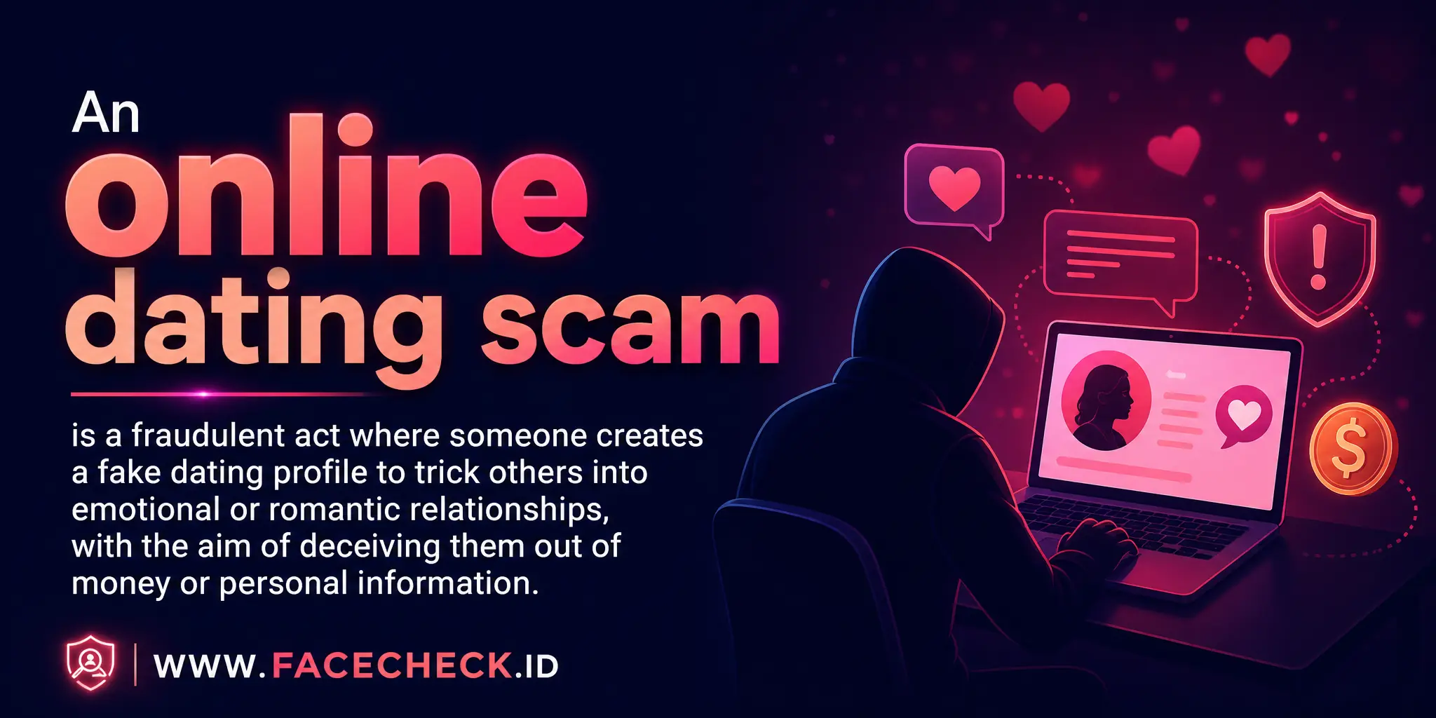 An online dating scam is a fraudulent act where someone creates a fake dating profile to trick others into emotional or romantic relationships, with the aim of deceiving them out of money or personal information.