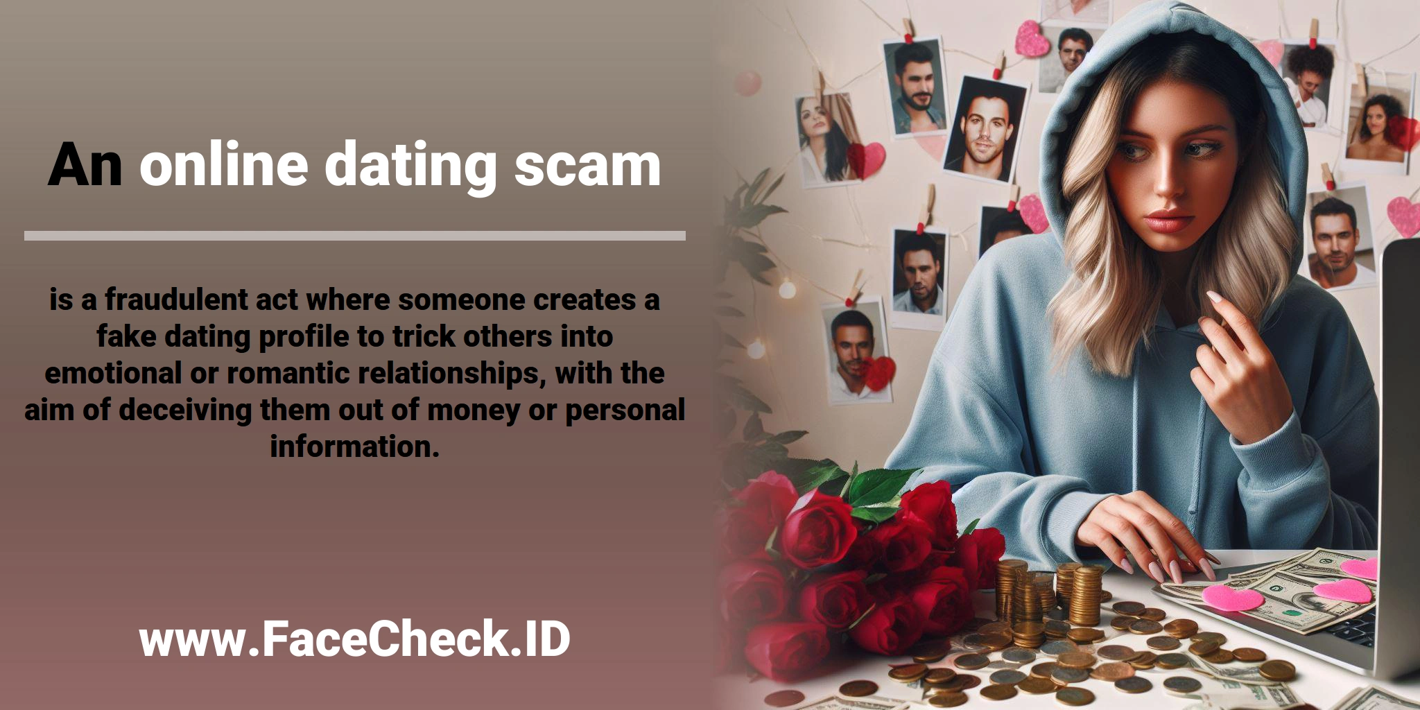 An <b>online dating scam</b> is a fraudulent act where someone creates a fake dating profile to trick others into emotional or romantic relationships, with the aim of deceiving them out of money or personal information.