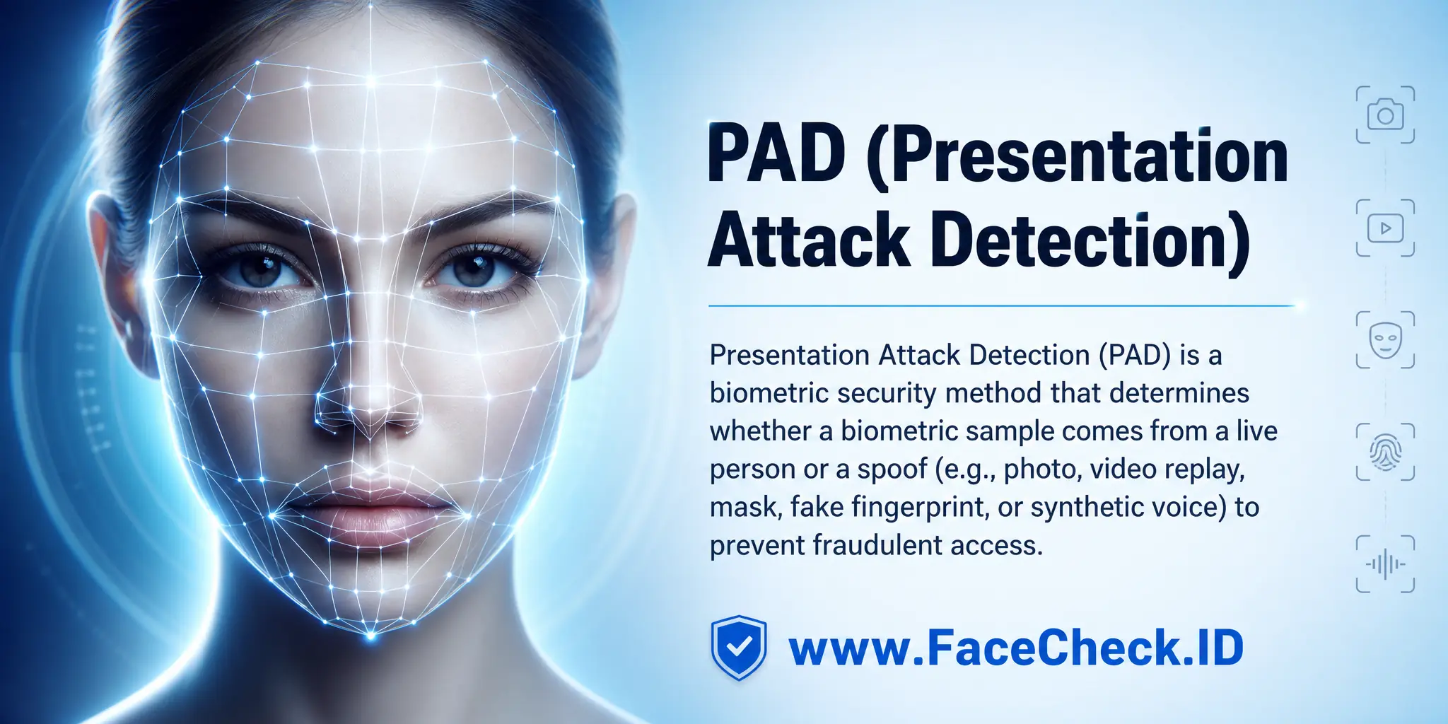 Presentation Attack Detection (PAD) is a biometric security method that determines whether a biometric sample comes from a live person or a spoof (e.g., photo, video replay, mask, fake fingerprint, or synthetic voice) to prevent fraudulent access.