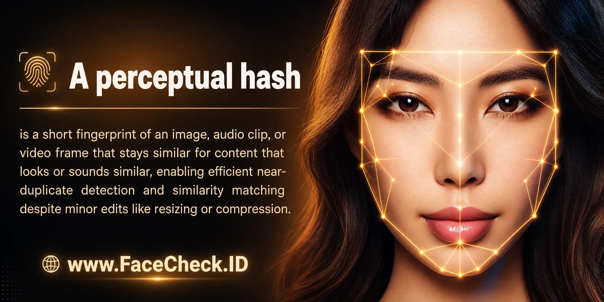 A perceptual hash is a short fingerprint of an image, audio clip, or video frame that stays similar for content that looks or sounds similar, enabling efficient near-duplicate detection and similarity matching despite minor edits like resizing or compression.