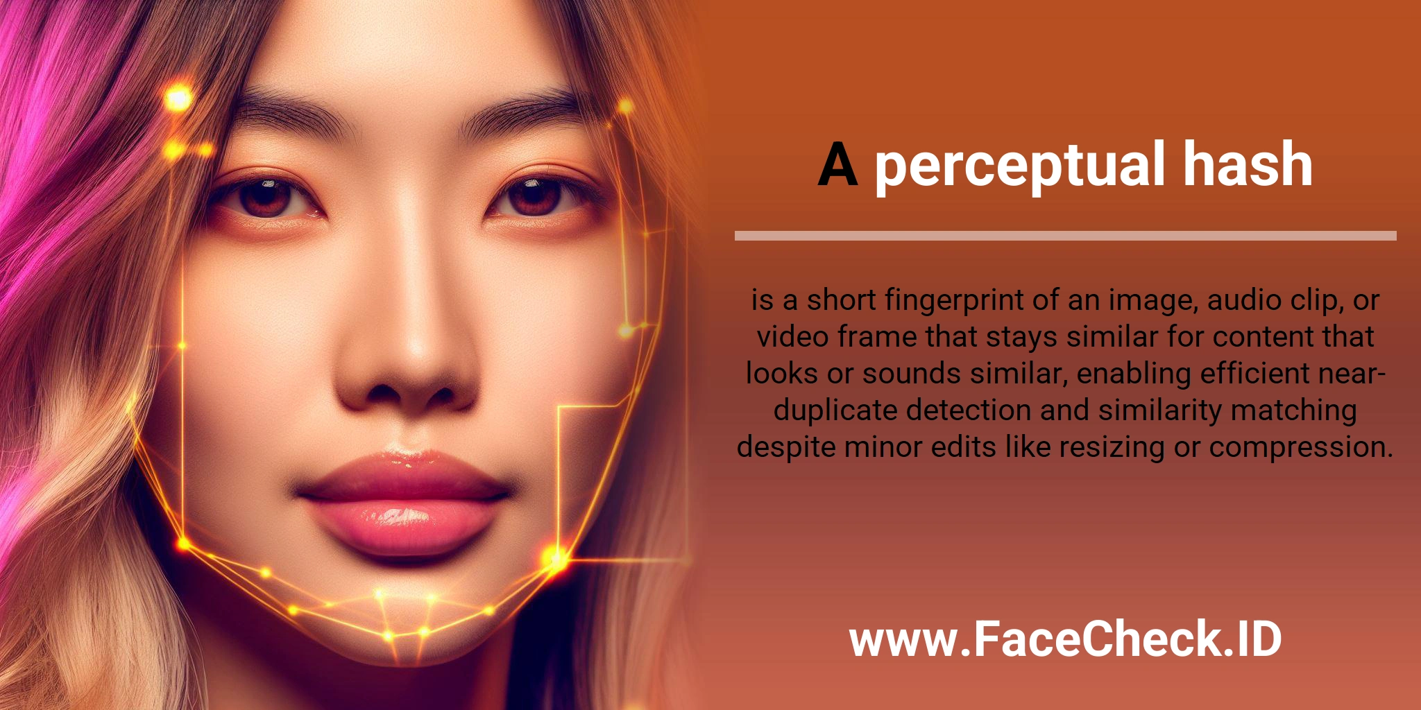 A perceptual hash is a short fingerprint of an image, audio clip, or video frame that stays similar for content that looks or sounds similar, enabling efficient near-duplicate detection and similarity matching despite minor edits like resizing or compression.