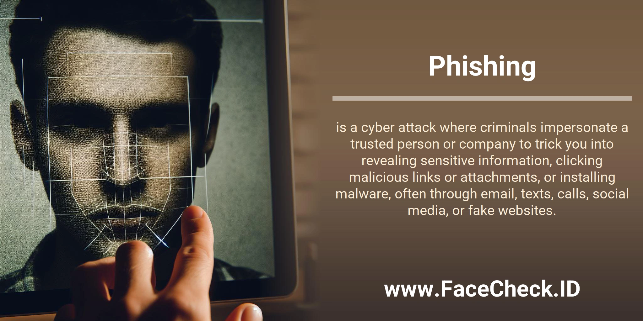 Phishing is a cyber attack where criminals impersonate a trusted person or company to trick you into revealing sensitive information, clicking malicious links or attachments, or installing malware, often through email, texts, calls, social media, or fake websites.