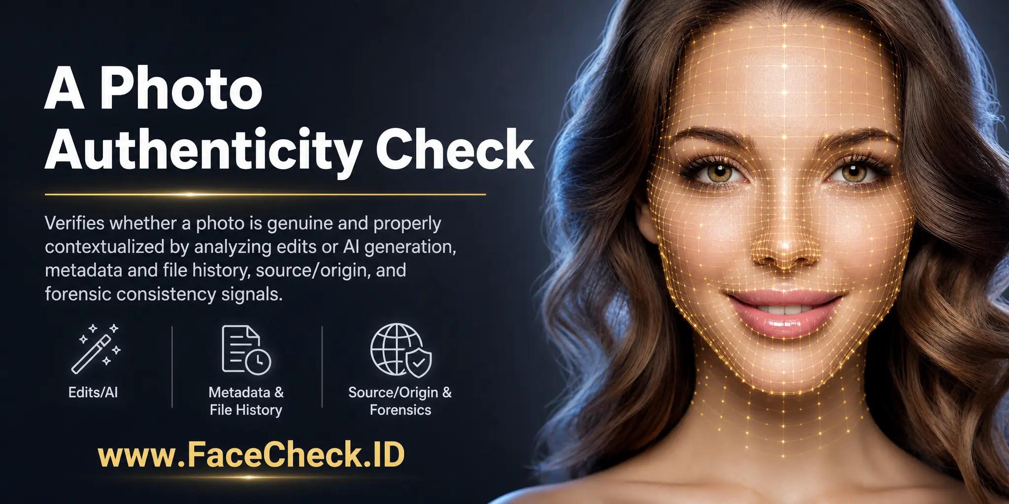 A Photo Authenticity Check verifies whether a photo is genuine and properly contextualized by analyzing edits or AI generation, metadata and file history, source/origin, and forensic consistency signals.