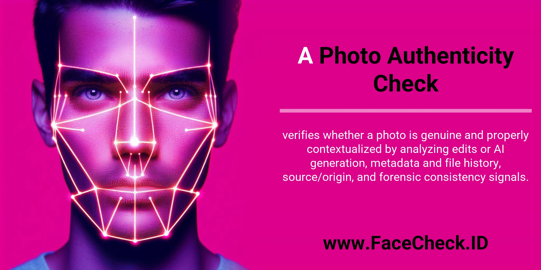 A Photo Authenticity Check verifies whether a photo is genuine and properly contextualized by analyzing edits or AI generation, metadata and file history, source/origin, and forensic consistency signals.
