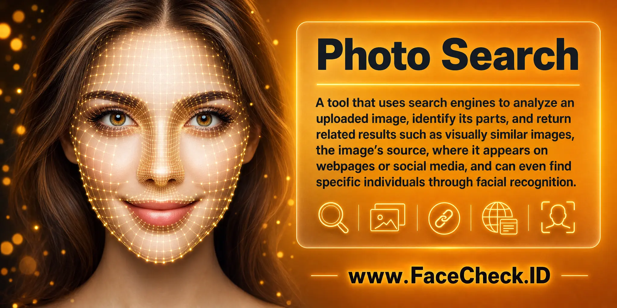 Photo Search is a tool that uses search engines to analyze an uploaded image, identify its parts, and provide related results such as similar images, the image's source, its usage on webpages or social media, and can even find specific individuals through facial recognition.
