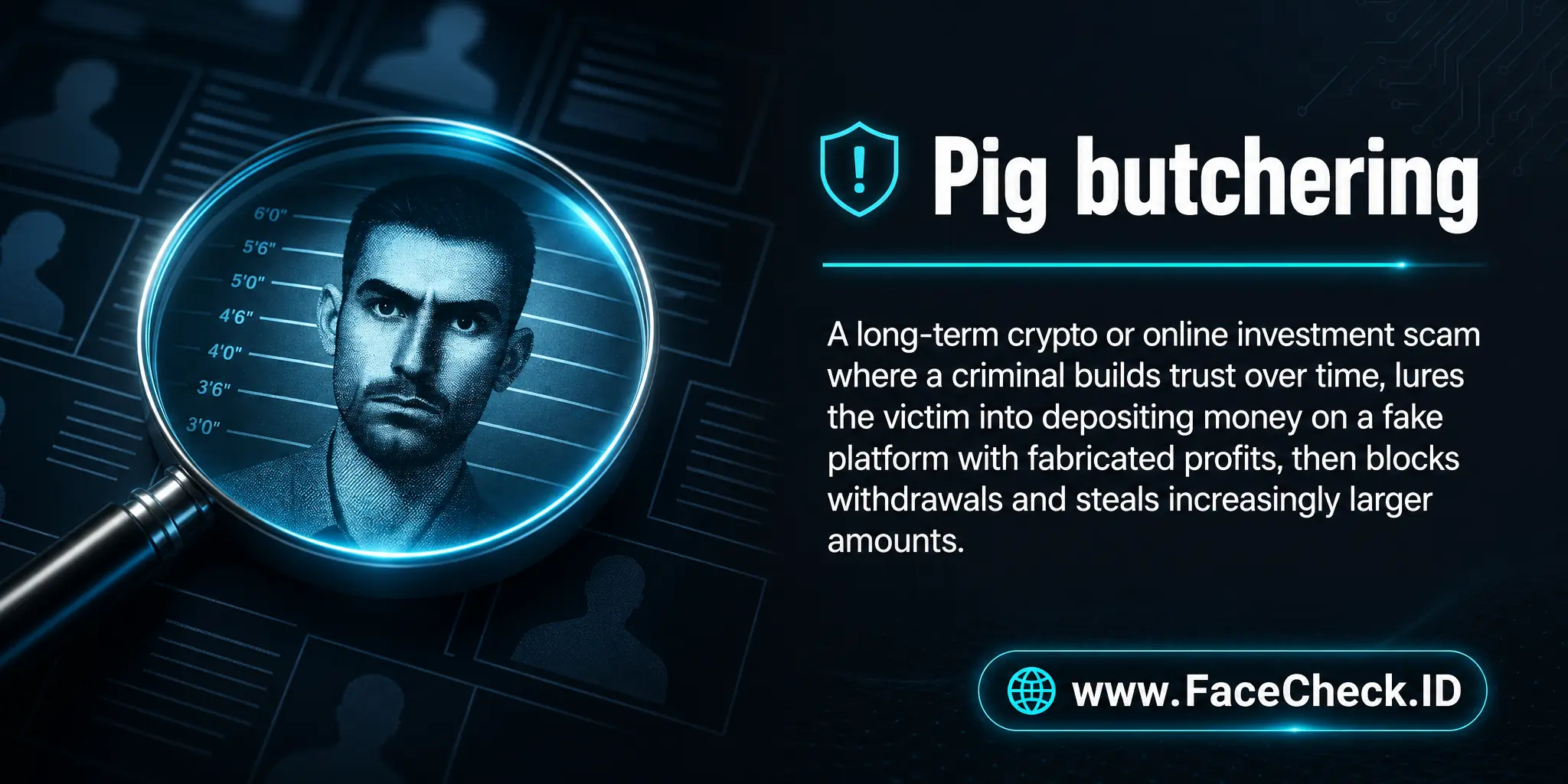 Pig butchering is a long-term crypto or online investment scam where a criminal builds trust over time, lures the victim into depositing money on a fake platform with fabricated profits, then blocks withdrawals and steals increasingly larger amounts.