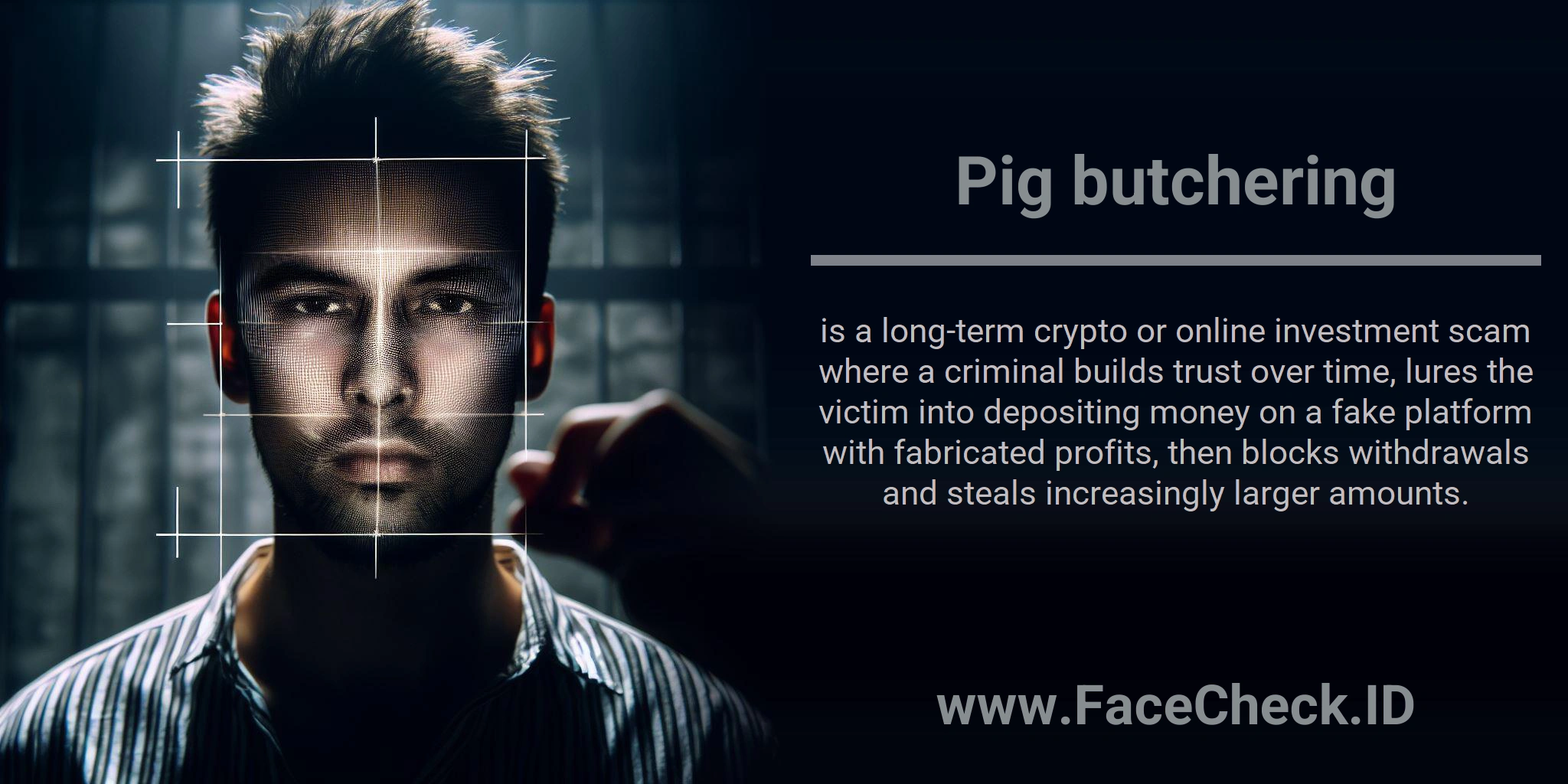 Pig butchering is a long-term crypto or online investment scam where a criminal builds trust over time, lures the victim into depositing money on a fake platform with fabricated profits, then blocks withdrawals and steals increasingly larger amounts.