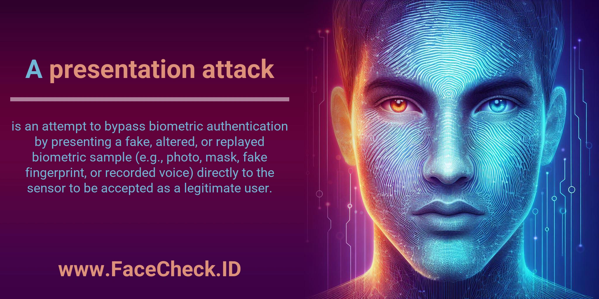 A presentation attack is an attempt to bypass biometric authentication by presenting a fake, altered, or replayed biometric sample (e.g., photo, mask, fake fingerprint, or recorded voice) directly to the sensor to be accepted as a legitimate user.
