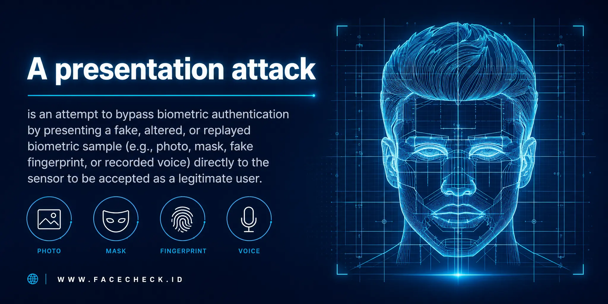 A presentation attack is an attempt to bypass biometric authentication by presenting a fake, altered, or replayed biometric sample (e.g., photo, mask, fake fingerprint, or recorded voice) directly to the sensor to be accepted as a legitimate user.