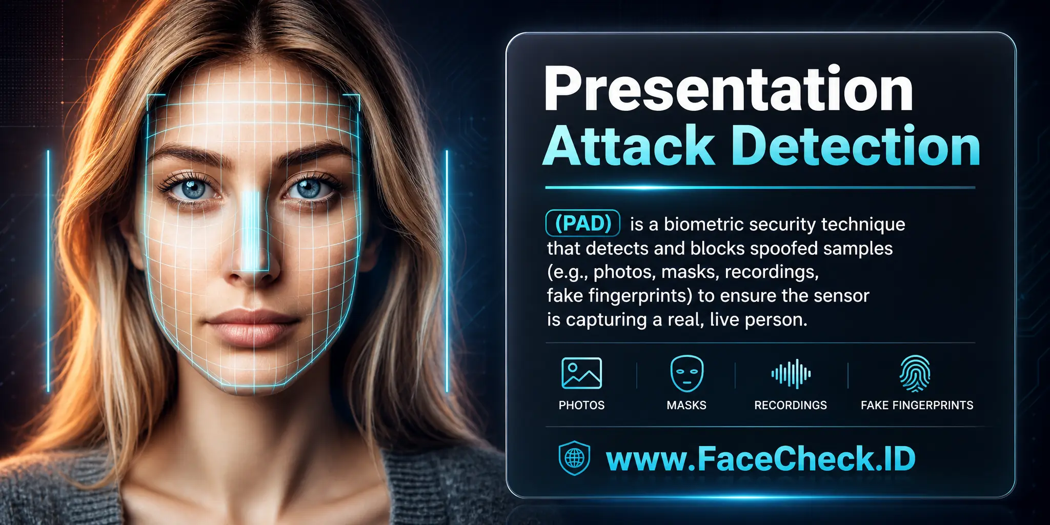 Presentation Attack Detection (PAD) is a biometric security technique that detects and blocks spoofed samples (e.g., photos, masks, recordings, fake fingerprints) to ensure the sensor is capturing a real, live person.