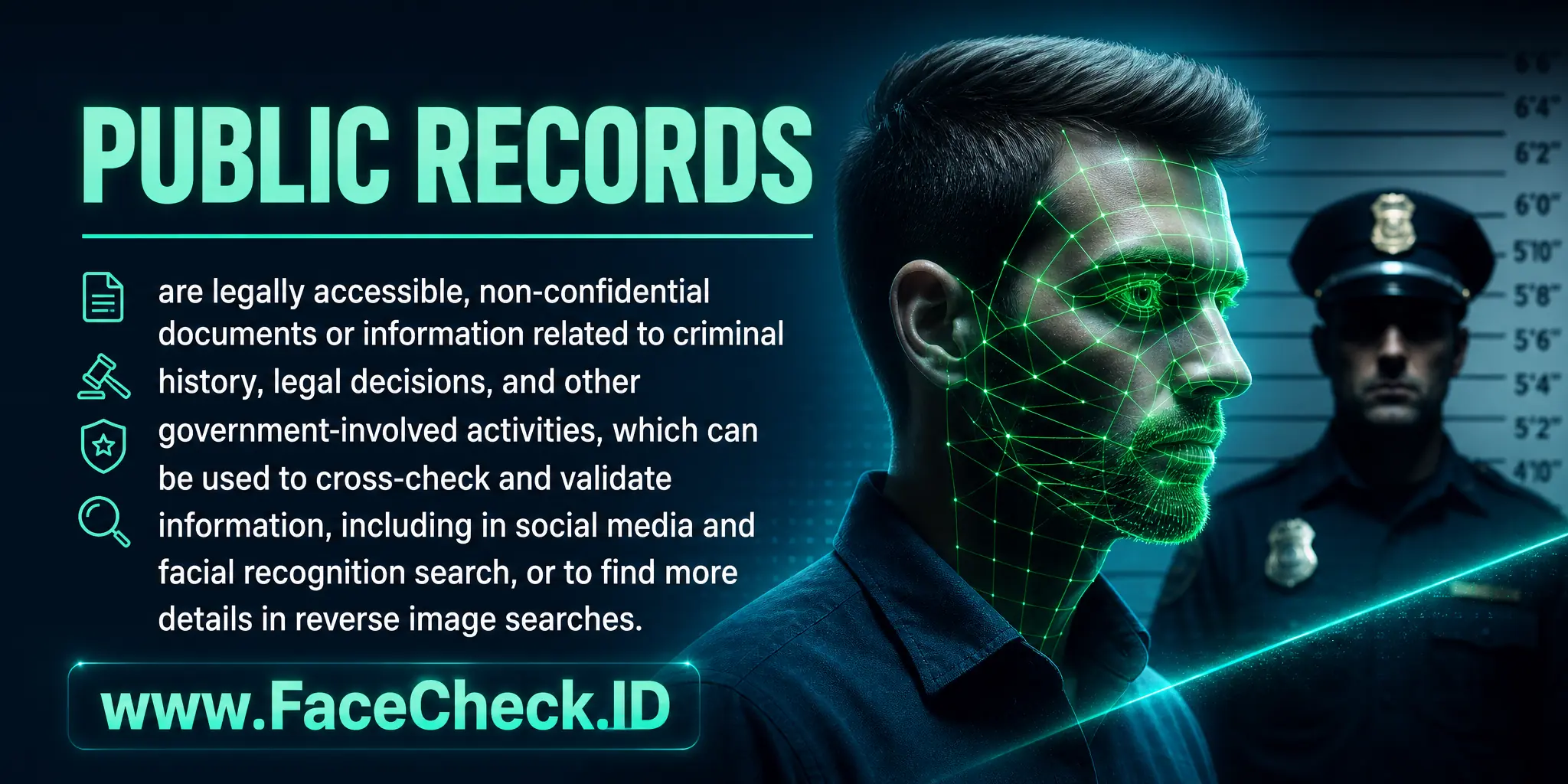 Public records are legally accessible non-confidential documents or information related to criminal history, legal decisions, and other government-involved activities, which can be used to cross-check and validate information, including in social media and facial recognition search, or to find more details in reverse image searches.
