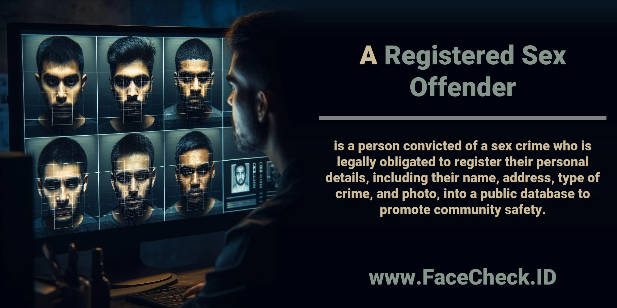 A <b>Registered Sex Offender</b> is a person convicted of a sex crime who is legally obligated to register their personal details, including their name, address, type of crime, and photo, into a public database to promote community safety.