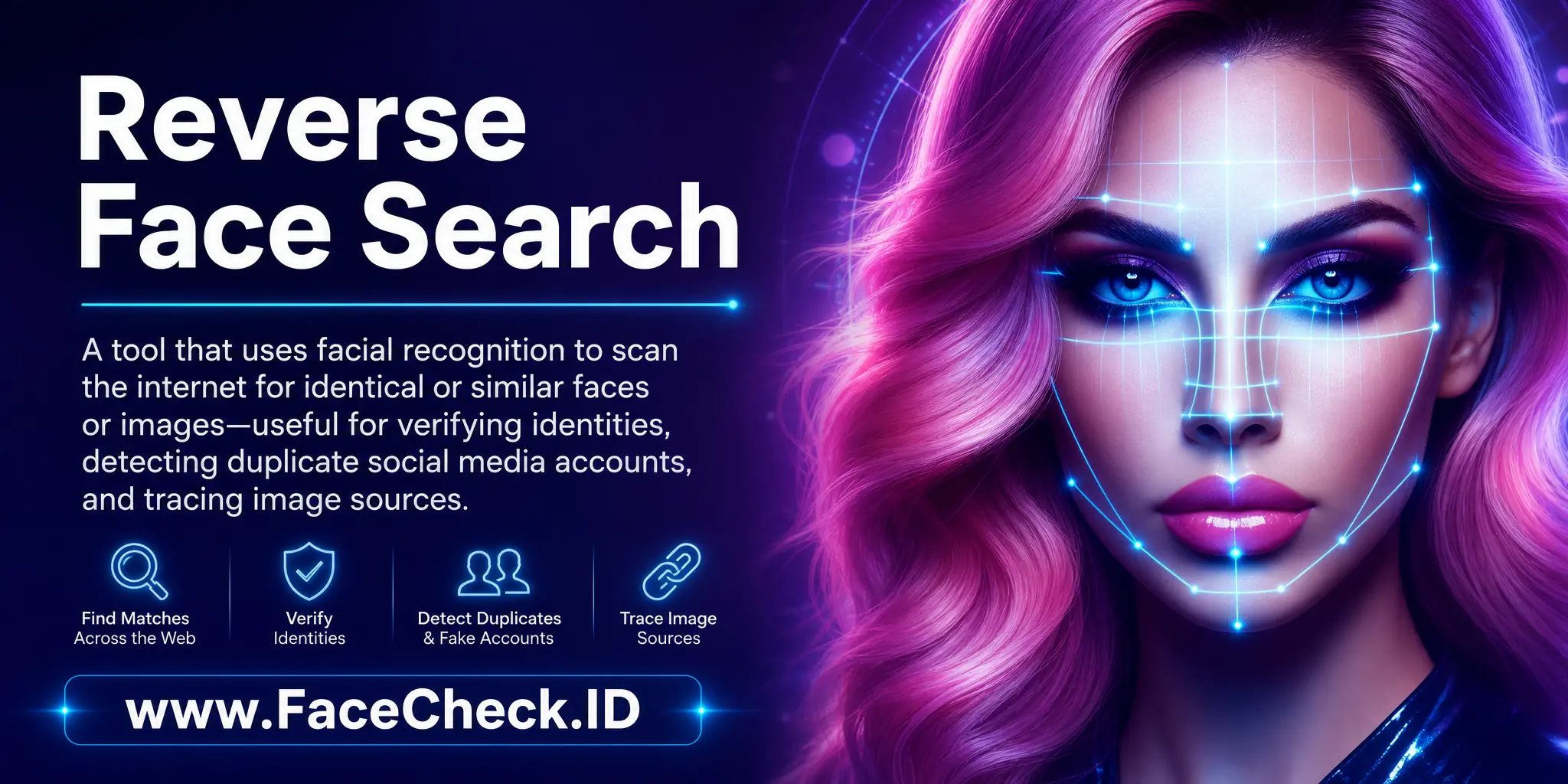 Reverse Face Search is a tool that uses facial recognition technology to scan the internet for identical or similar faces or images, used for verifying identities, detecting duplicate social media accounts, or tracing image sources.