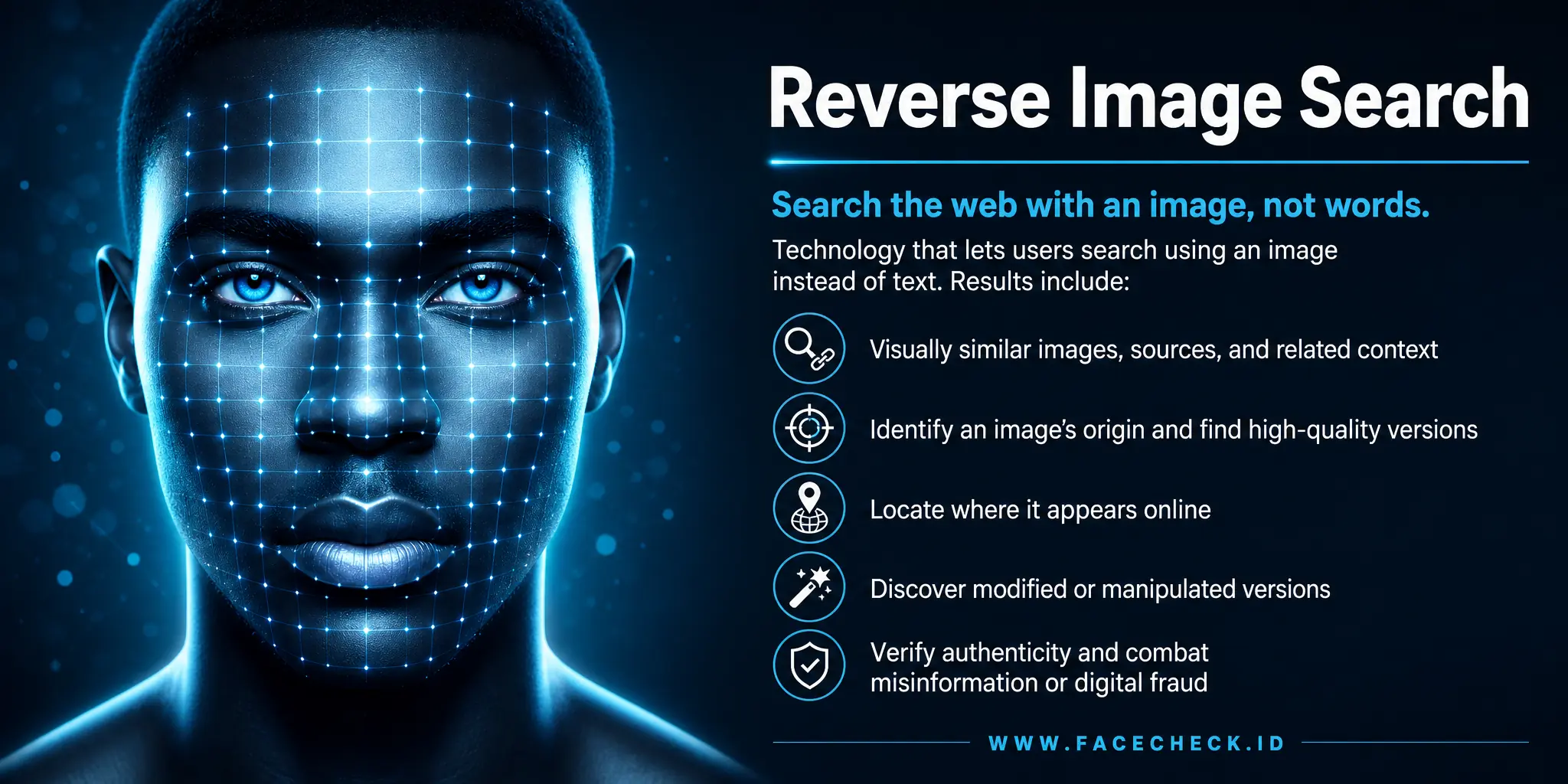Reverse Image Search is a technology that lets users search using an image instead of text, providing results of similar images, their sources, and related information, useful for identifying an image's origin, finding high-quality versions, locating its appearances on the web, discovering modified versions, verifying its authenticity, and combating misinformation or digital fraud.