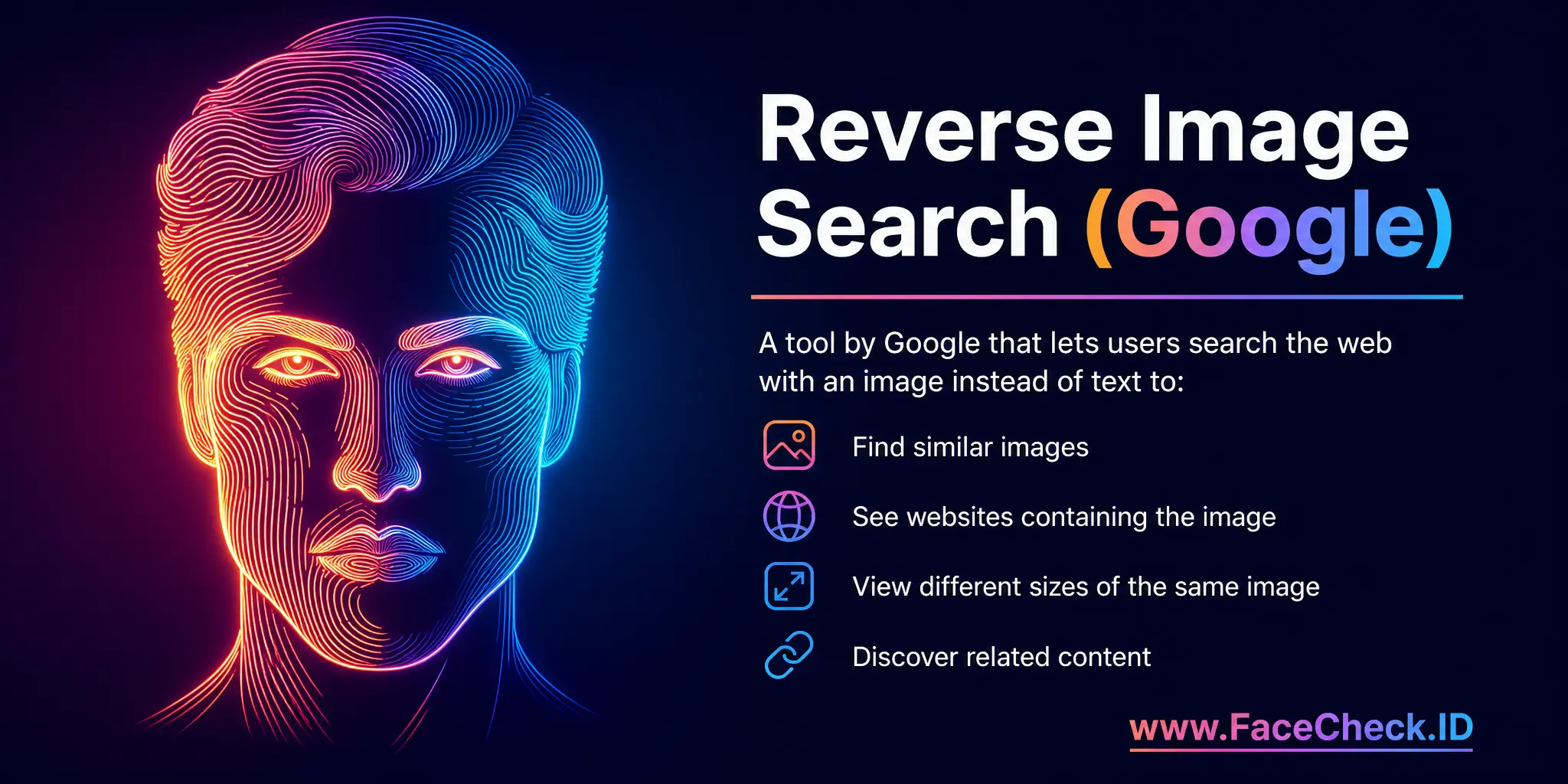 Reverse Image Search Google is a tool by Google that lets users find similar images, websites containing the image, different sizes of the same image, and related content by searching the internet using an image instead of text.
