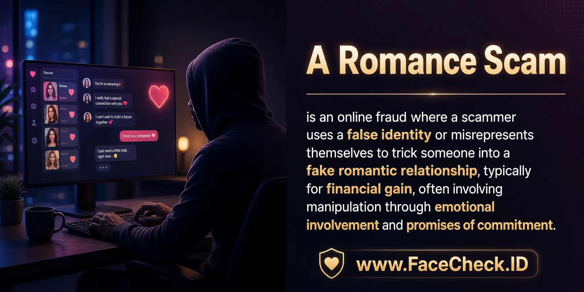 A Romance Scam is an online fraud where a scammer uses a false identity or misrepresents themselves to trick someone into a fake romantic relationship, typically for financial gain, often involving manipulation through emotional involvement and promises of commitment.