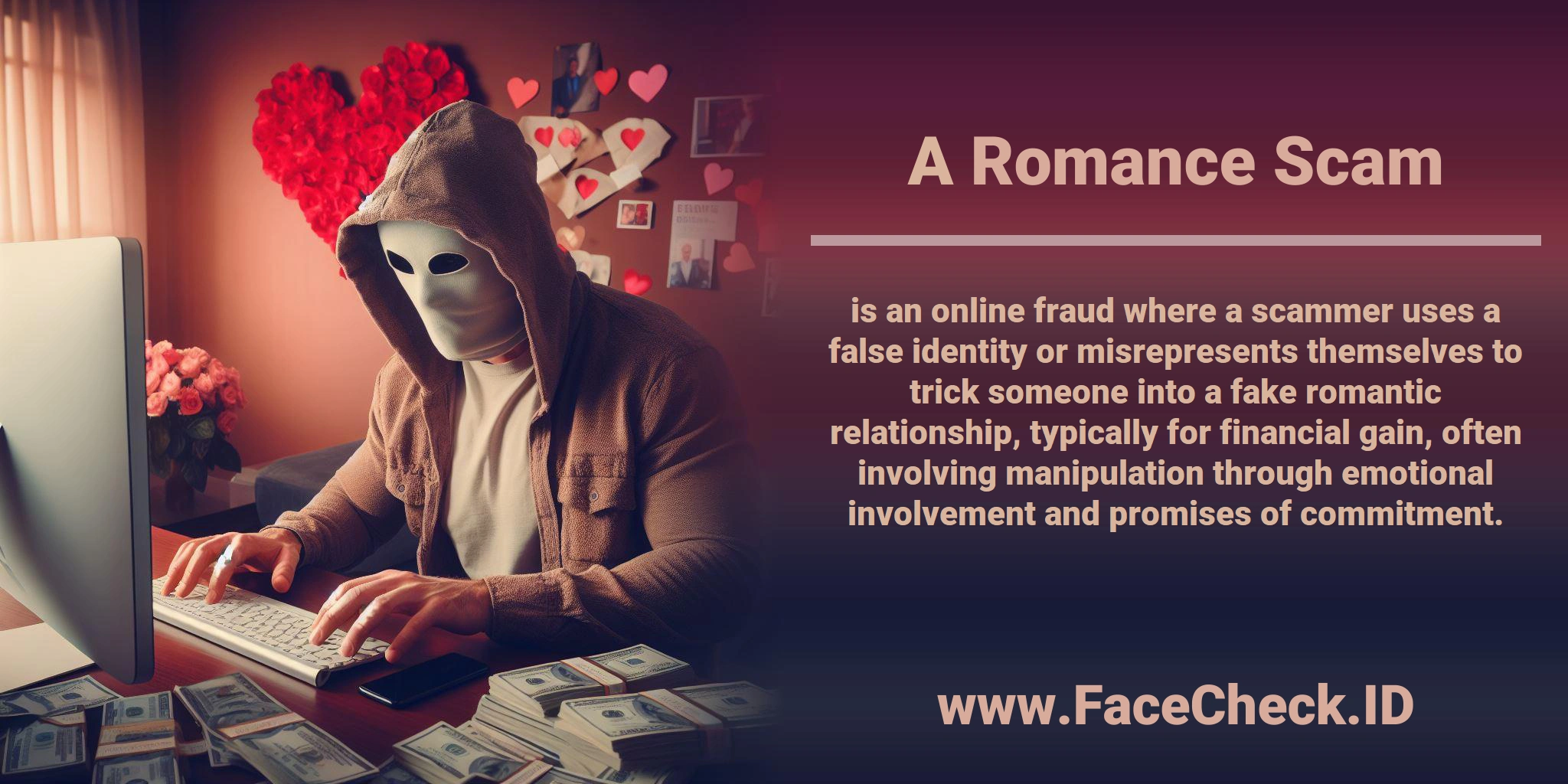 A <b>Romance Scam</b> is an online fraud where a scammer uses a false identity or misrepresents themselves to trick someone into a fake romantic relationship, typically for financial gain, often involving manipulation through emotional involvement and promises of commitment.