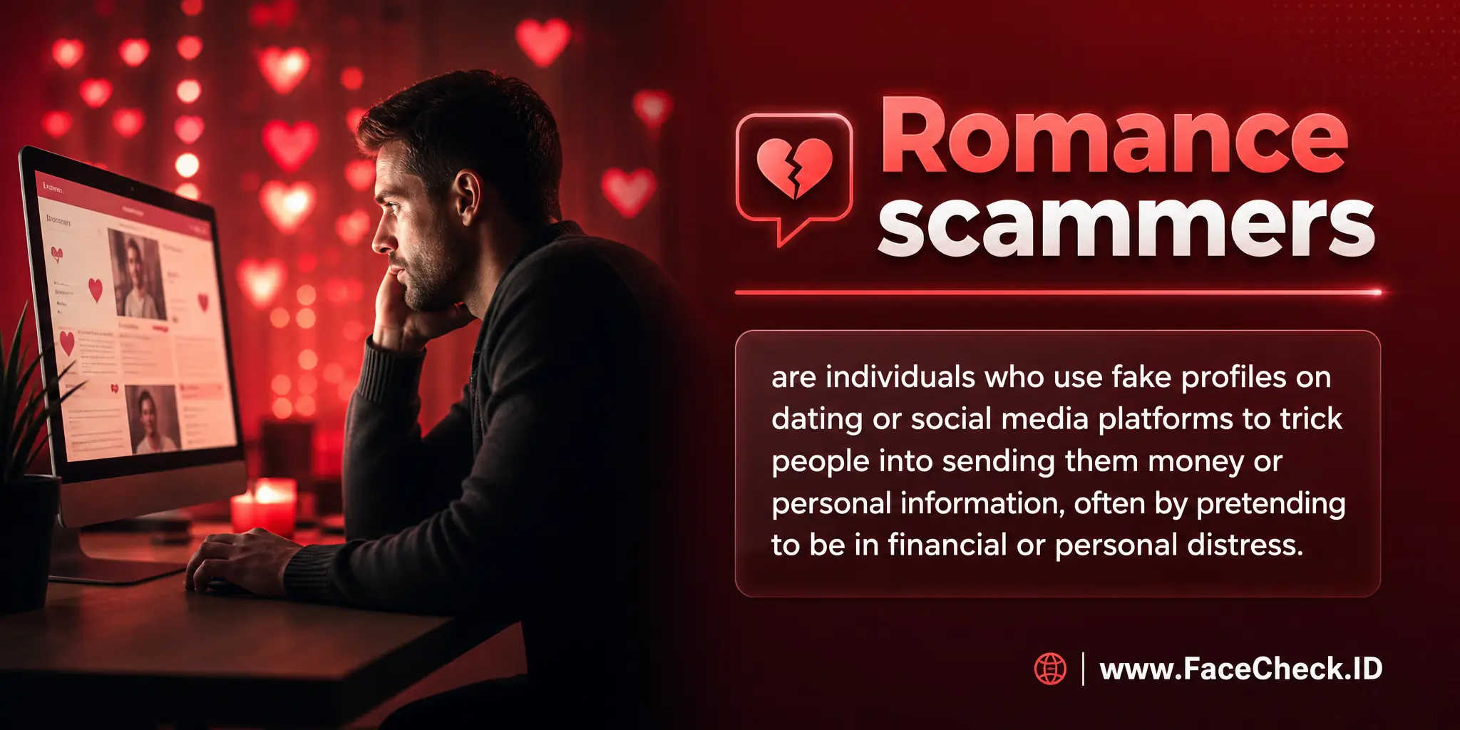 Romance scammers are individuals who use fake profiles on dating or social media platforms to trick people into sending them money or personal information, often by pretending to be in financial or personal distress.