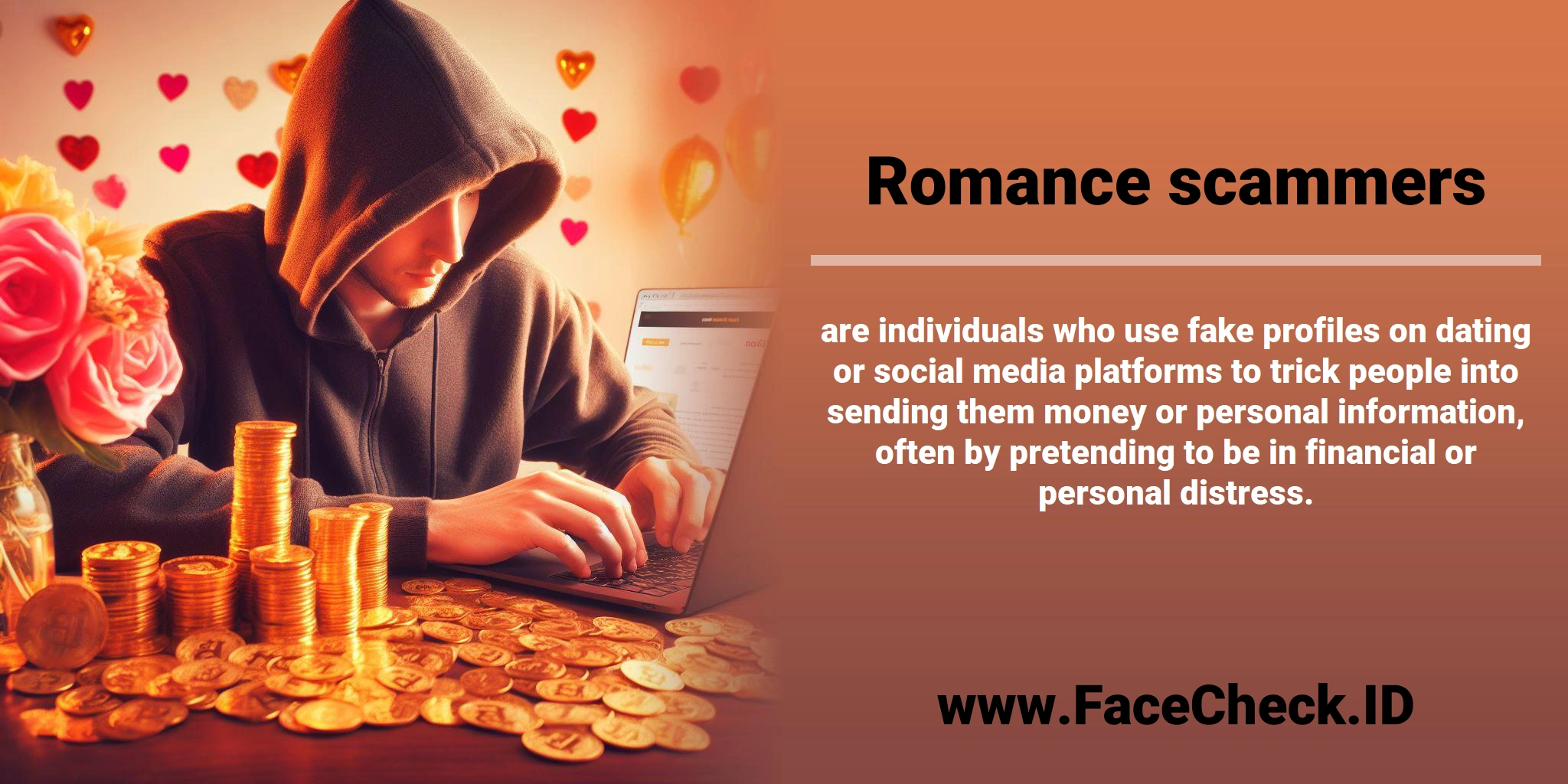 <b>Romance scammers</b> are individuals who use fake profiles on dating or social media platforms to trick people into sending them money or personal information, often by pretending to be in financial or personal distress.