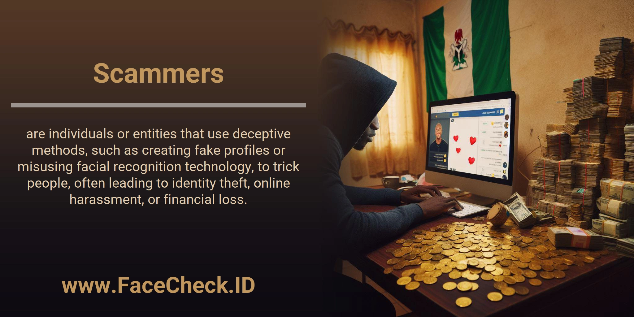 Scammers are individuals or entities that use deceptive methods, such as creating fake profiles or misusing facial recognition technology, to trick people, often leading to identity theft, online harassment, or financial loss.