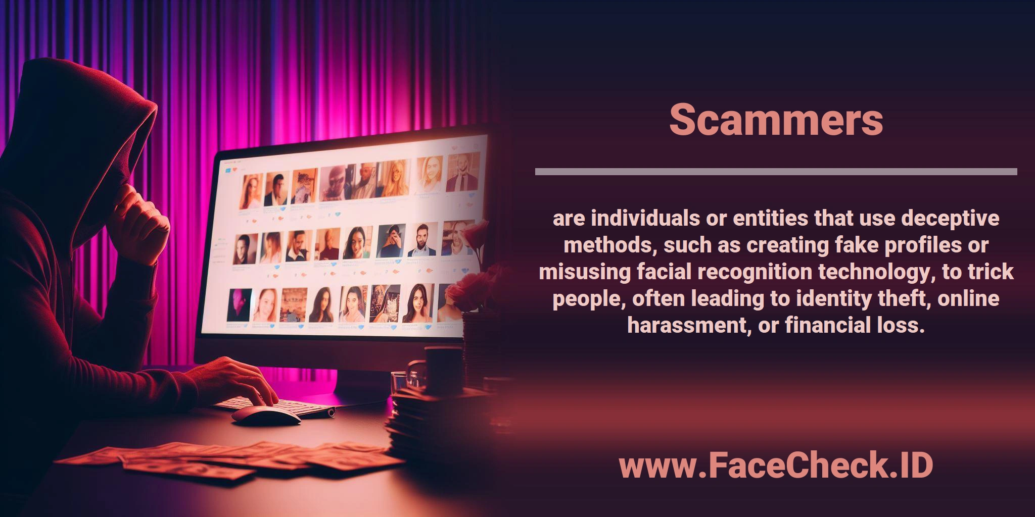 <b>Scammers</b> are individuals or entities that use deceptive methods, such as creating fake profiles or misusing facial recognition technology, to trick people, often leading to identity theft, online harassment, or financial loss.