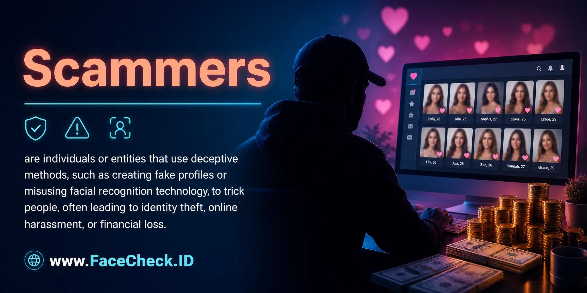 Scammers are individuals or entities that use deceptive methods, such as creating fake profiles or misusing facial recognition technology, to trick people, often leading to identity theft, online harassment, or financial loss.