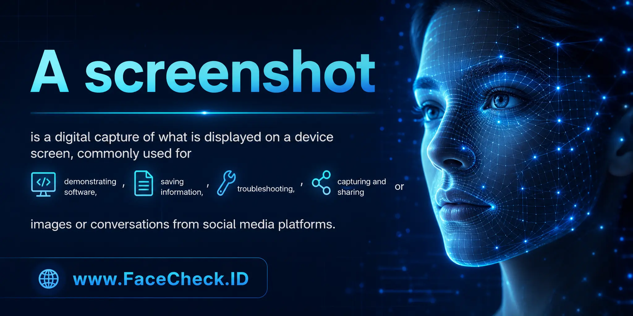A screenshot is a digital capture of what is displayed on a device screen, commonly used for demonstrating software, saving information, troubleshooting, or capturing and sharing images or conversations from social media platforms.