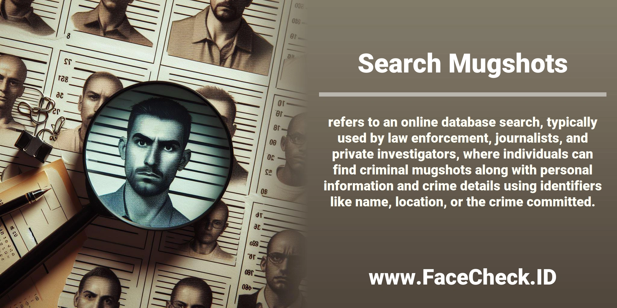 <b>Search Mugshots</b> refers to an online database search, typically used by law enforcement, journalists, and private investigators, where individuals can find criminal mugshots along with personal information and crime details using identifiers like name, location, or the crime committed.